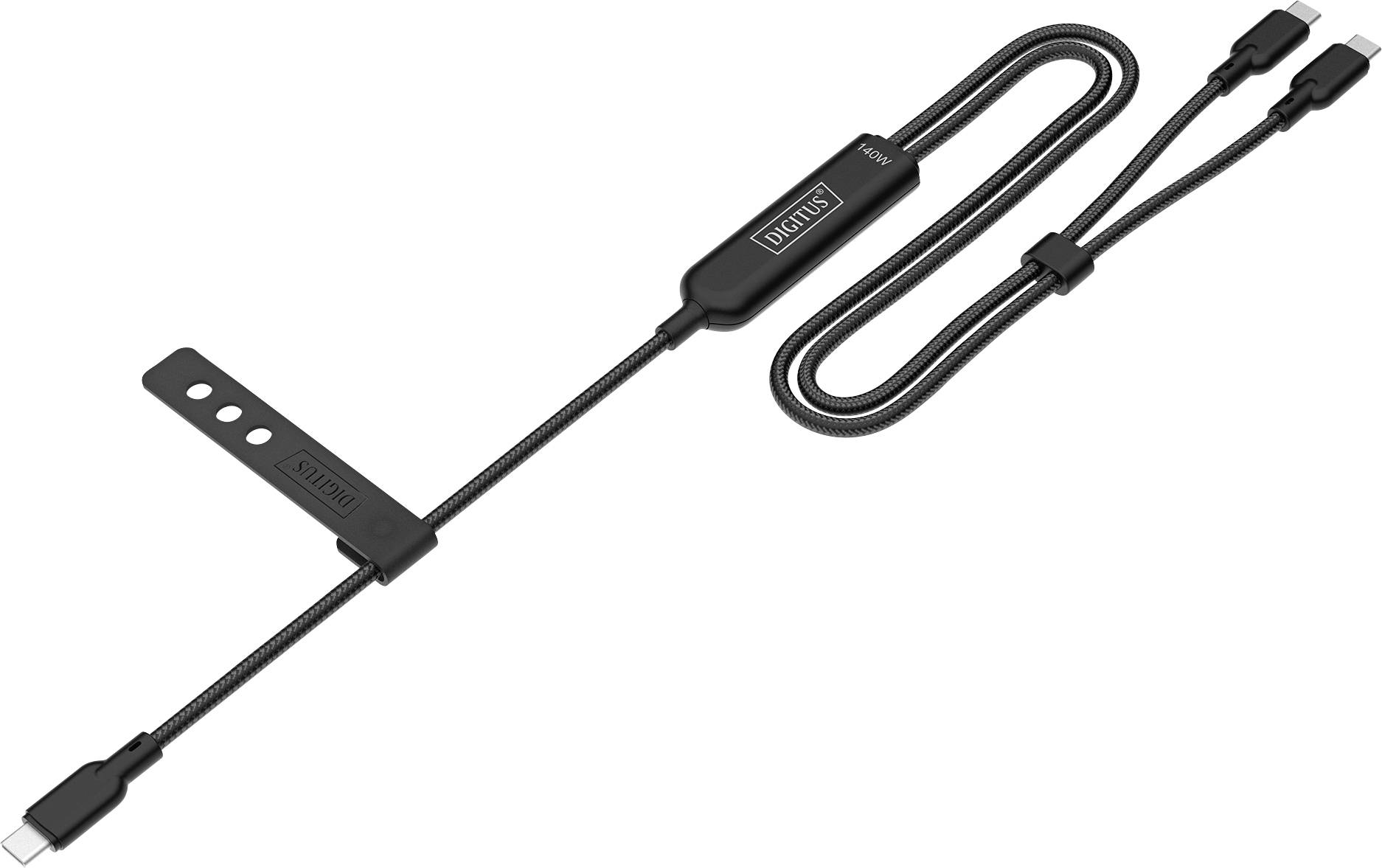 Ein schwarzes, geflochtenes USB-Kabel mit mehreren Anschlüssen und einem Adapter für verschiedene Ladeoptionen.