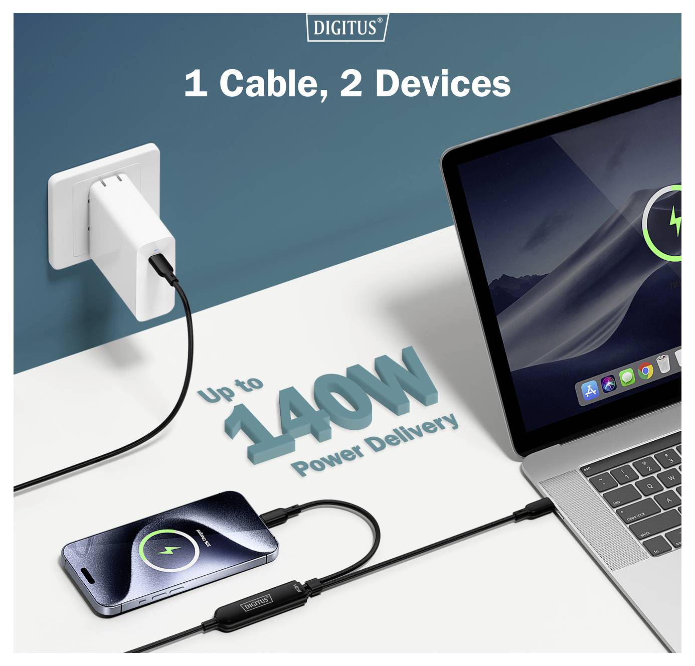 „Ein Ladegerät, das in eine Wandsteckdose eingesteckt ist, lädt einen Laptop und ein Telefon auf. Der Text lautet: 1 Kabel, 2 Geräte, bis zu 140W Stromlieferung.