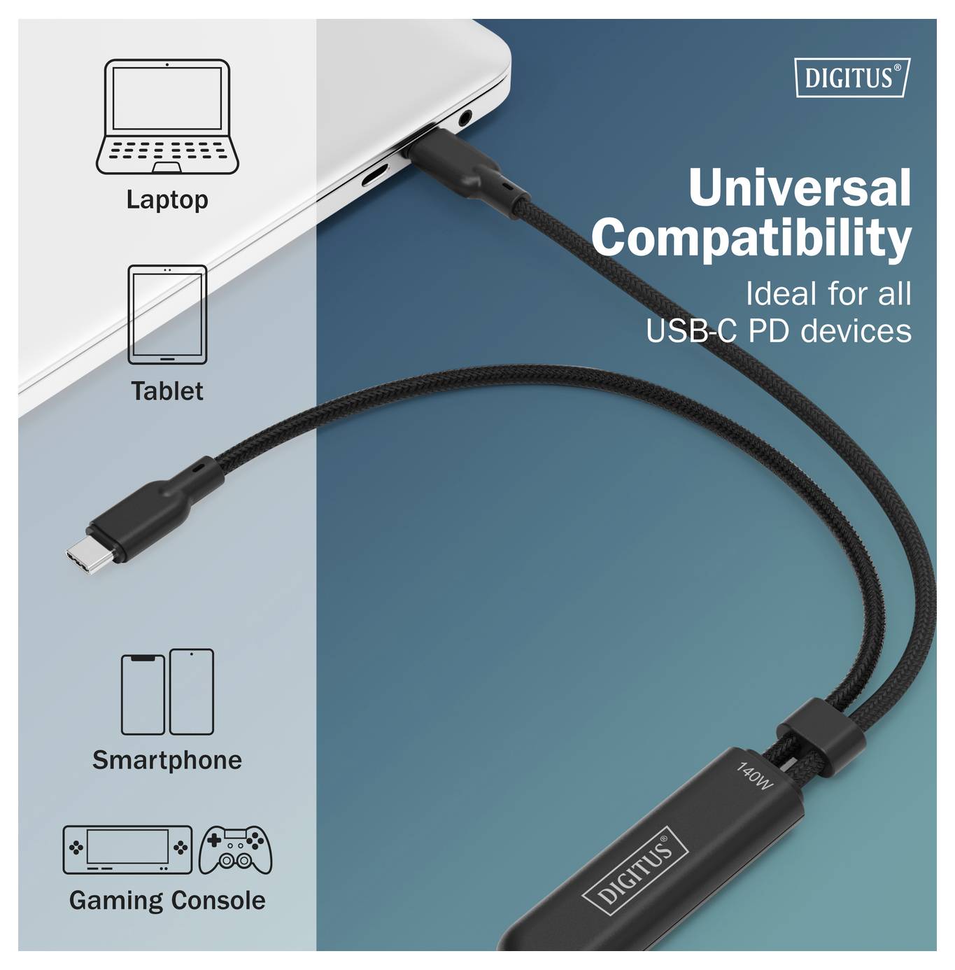 Ein USB-C-Kabel, das mit einem Laptop verbunden ist, wobei die „Universelle Kompatibilität