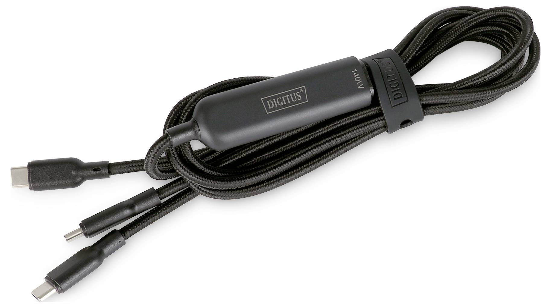 Ein schwarzes, geflochtenes USB-Ladekabel mit mehreren Anschlüssen, einschließlich USB-C und Micro USB, und einem Klettverschluss zur Organização.