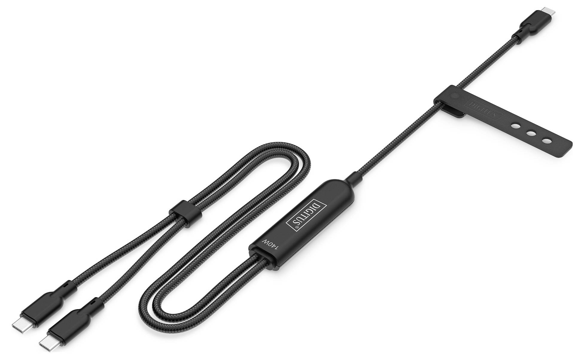 Ein schwarzes USB-C-auf-USB-C-Kabel mit geflochtenem Design, das ein Etikett mit der Aufschrift „Safety 2023