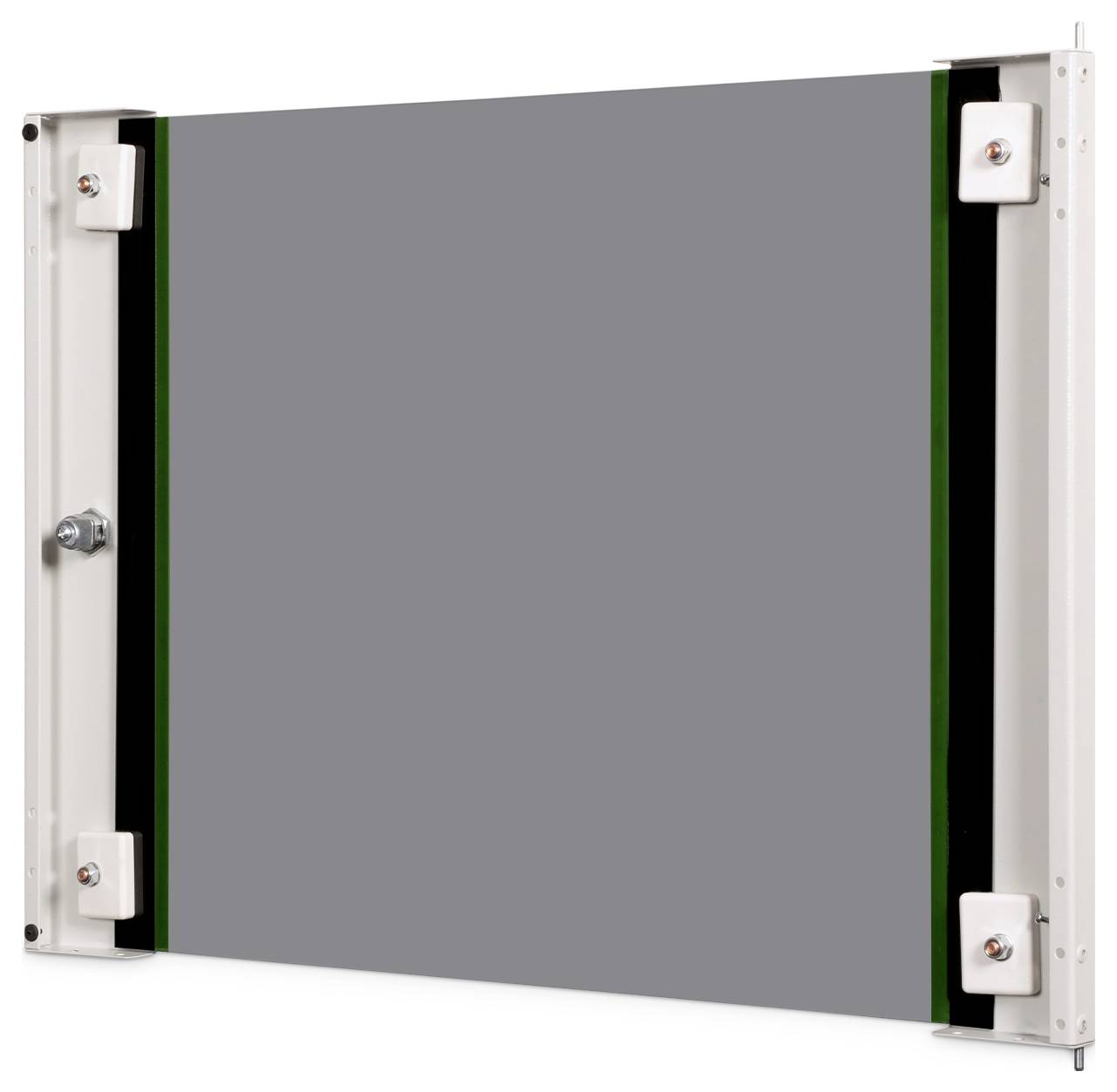Whiteboard mit verstellbarem Befestigungsmechanismus, mit grauer Schreibfläche und weißem Rahmen, montiert auf einem Schienesystem.