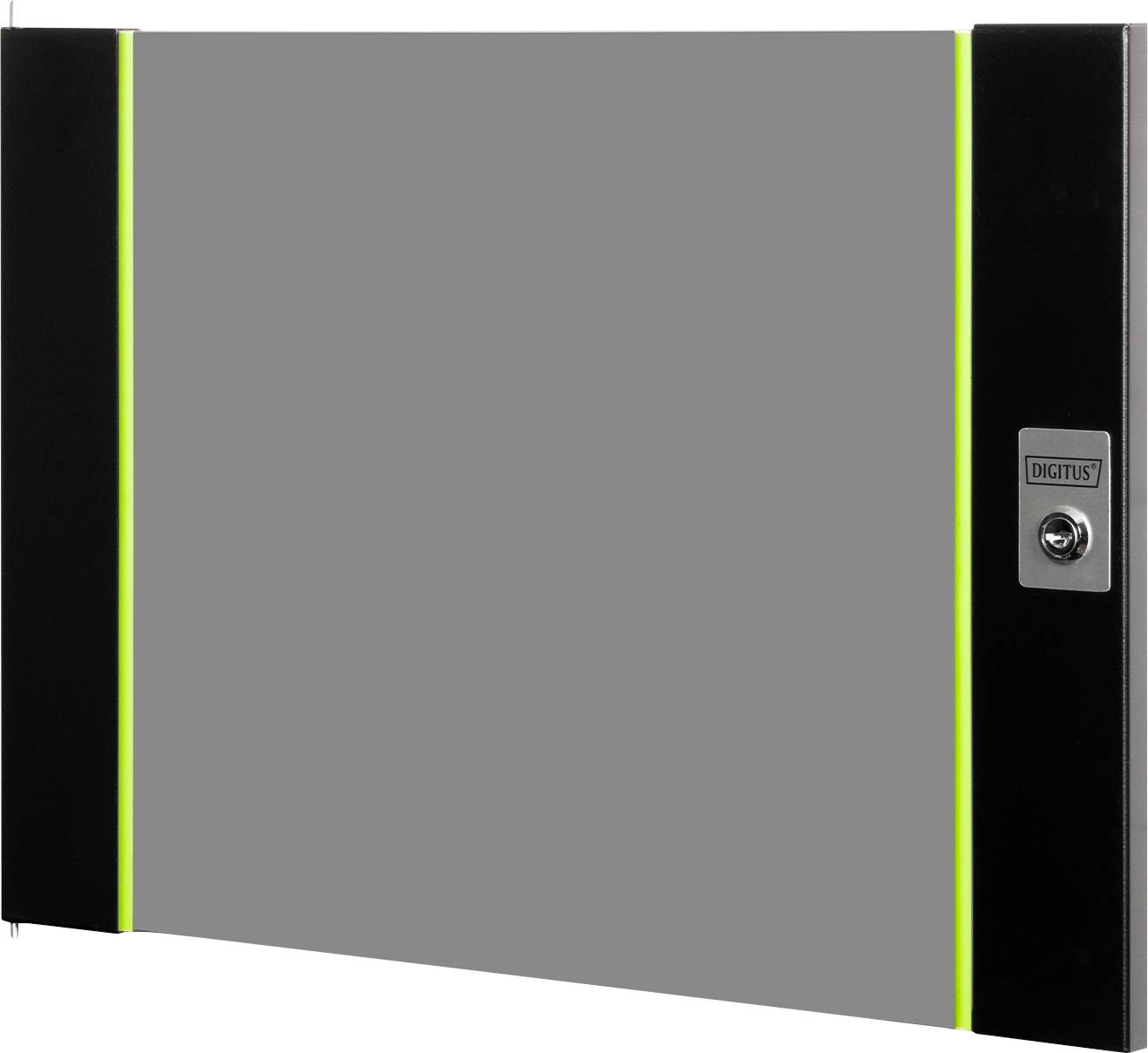 Eine elegante, rechteckige Tresortür mit silbernem Schloss, mit Schwarz gerahmt und mit vertikalen grünen Linien auf beiden Seiten akzentuiert.