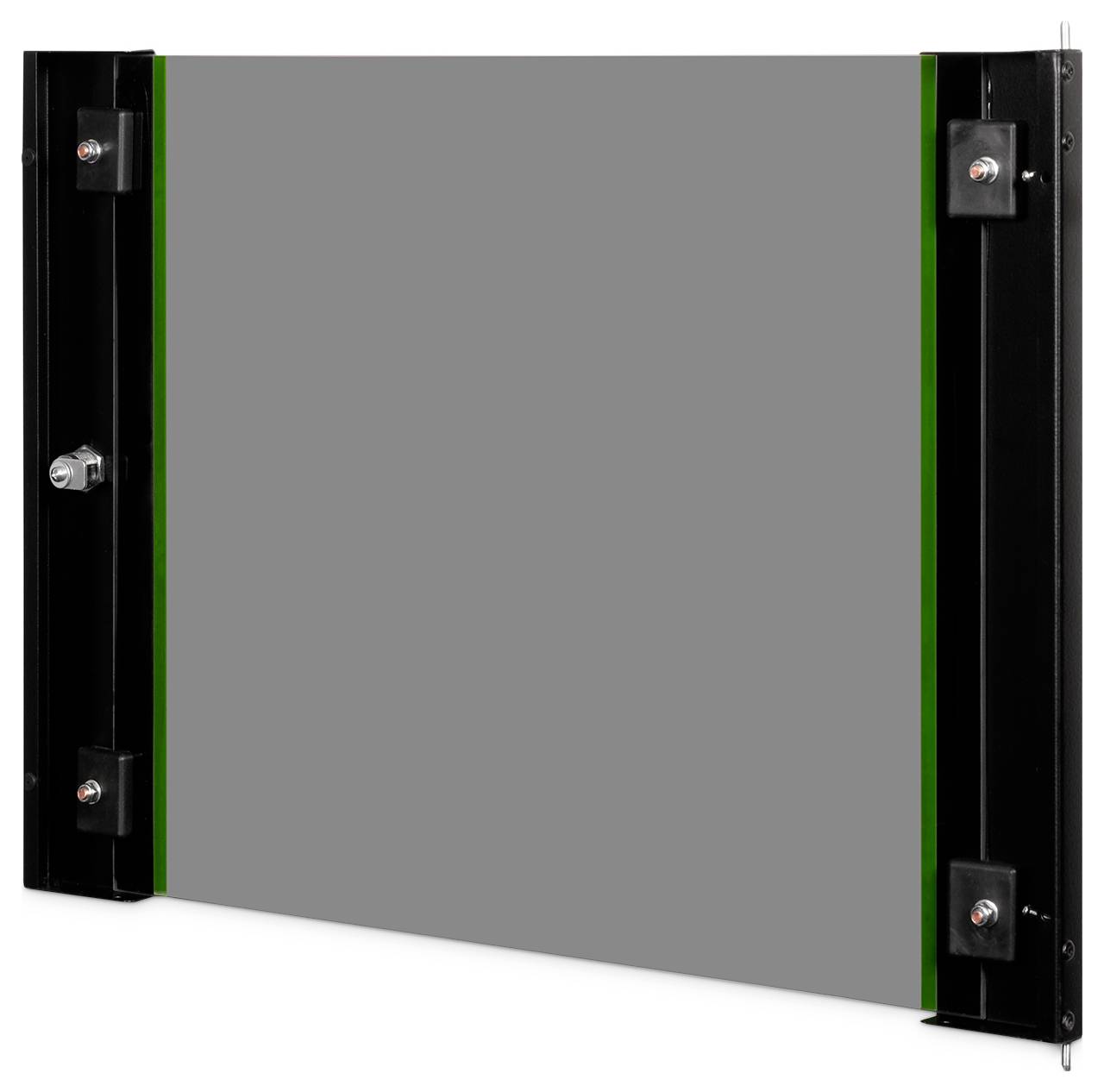 Ein rechteckiges Rauchtönung-Glaspanel, das mit Schraubverbindungen gesichert ist und über einen schwarzen Metallrahmen an den Seiten und oben verfügt.