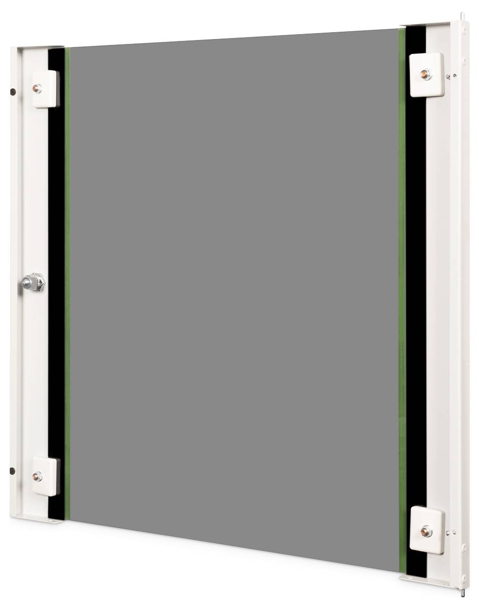 Rechteckige Metallzugangsplatte mit Knopf; entwickelt zum Verdecken von Wandöffnungen, mit grauem Zentrum und weißem Rahmen.