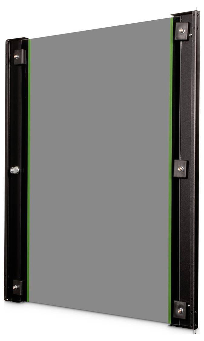 Ein rechteckiges graues Bedienfeld, das von dunkler Rahmung eingefasst ist und gegen einen weißen Hintergrund gezeigt wird, wobei die Struktur und Designelemente des Bedienfelds hervorgehoben werden.