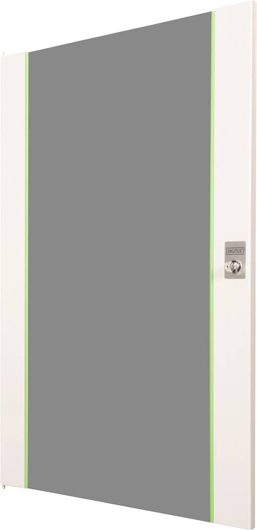 Ein großes graues, flaches Rechteck mit einem hellfarbigen Rahmen, das auf der rechten Seite ein digitales Schlossfach aufweist. Der Rahmen hat grüne Linien.