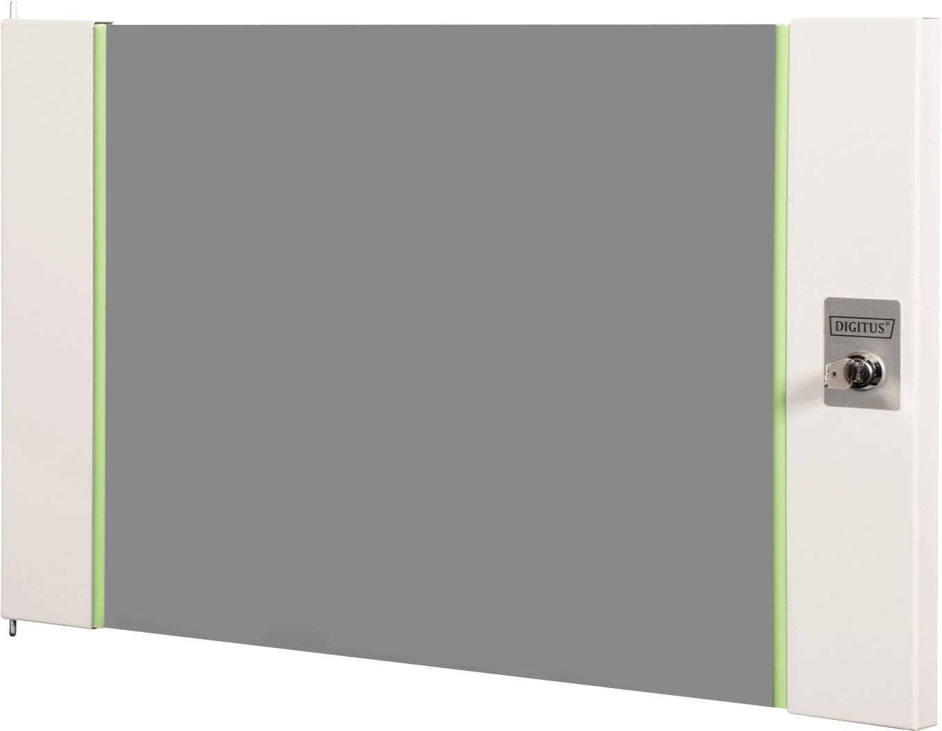 Ein an der Wand montierter Kombinationstresor mit grünem Rand, weißen Seitenflächen und einem großen grauen Frontpaneel.