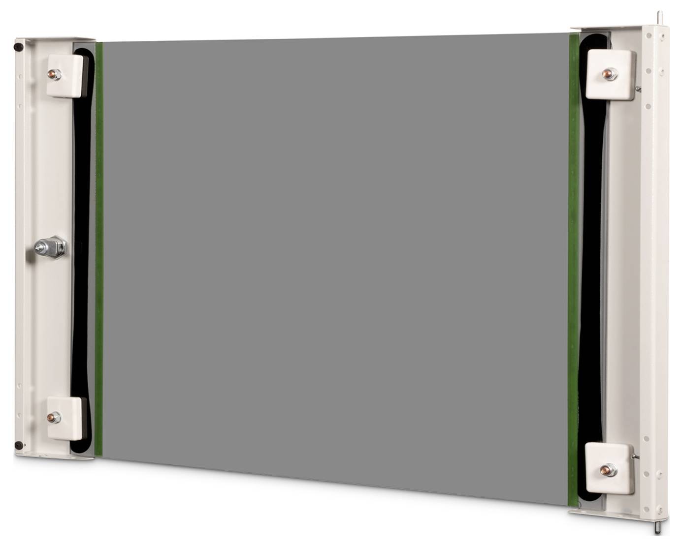 Ein großer grauer Projektionsbildschirm mit weißem Rahmen und Befestigungskonsolen auf jeder Seite.