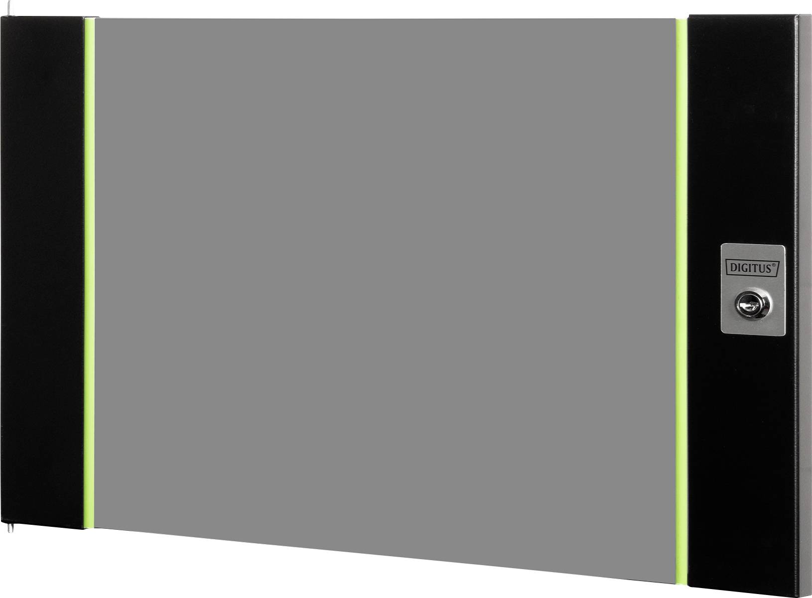 Rechteckig geformte elektronische Türe eines Safes mit digitalem Schloss und grünen Leuchtleisten auf jeder Seite, vor einem einfachen Hintergrund.