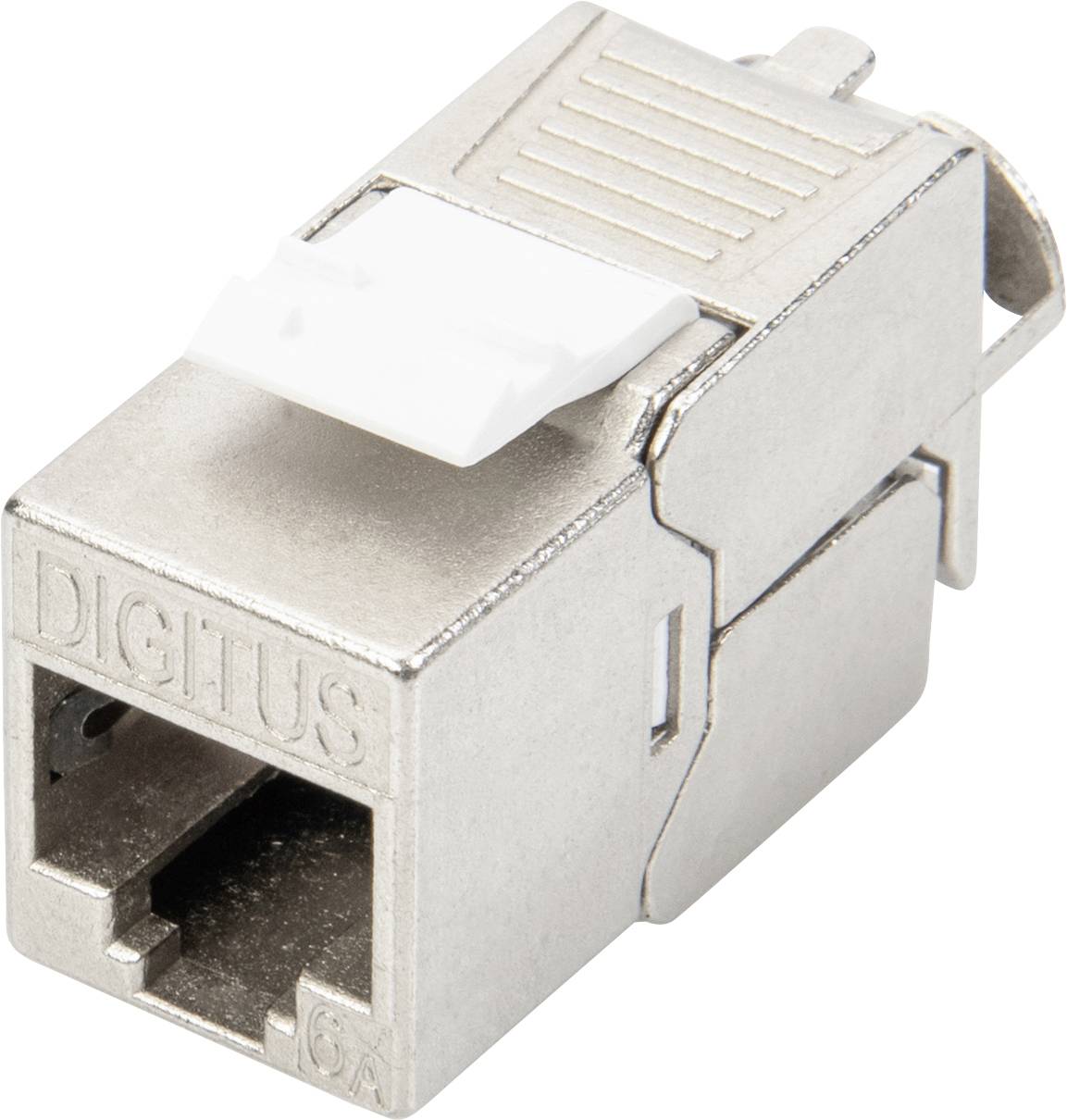 Ein Metall-RJ45-Stecker mit weißer Verriegelung, beschriftet mit „DIGITUS