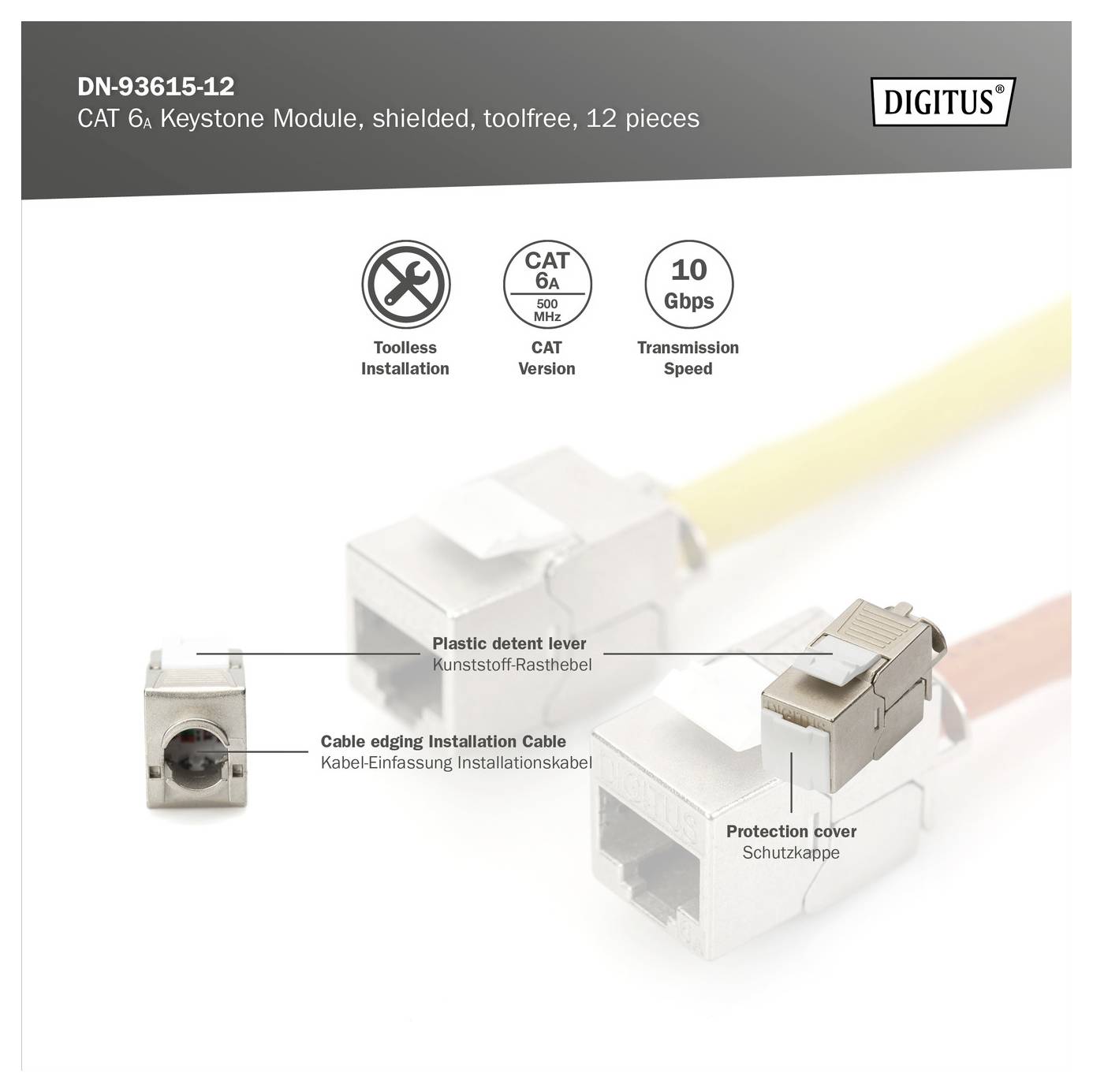 Digitus CAT 6 Keystone-Modul, geschirmt, 12 Stück. Merkmale: werkzeuglose Installation, CAT 6A 500 MHz Standard, 10 Gbps Übertragungsgeschwindigkeit.