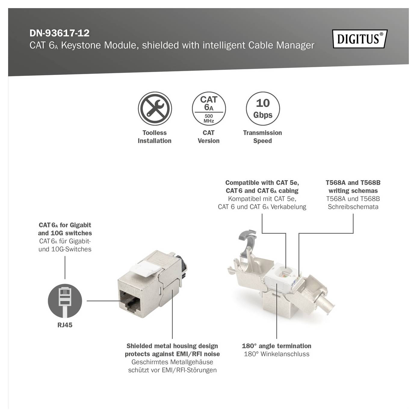 DN-93617-12 CAT 6a Keystone-Modul: Werkzeuglos, abgeschirmt mit intelligentem Kabelmanager. Unterstützt 10 Gbps, 180°-Winkel-Terminierung.