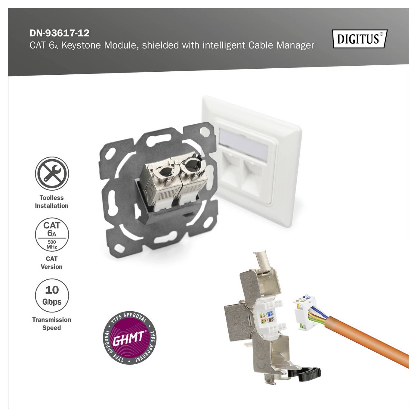 'DN-93617-12 CAT 6A Keystone Modul' mit abgeschirmtem, intelligentem Kabelmanager. Zeigt werkzeuglose Installation, unterstützt 10 Gbps.