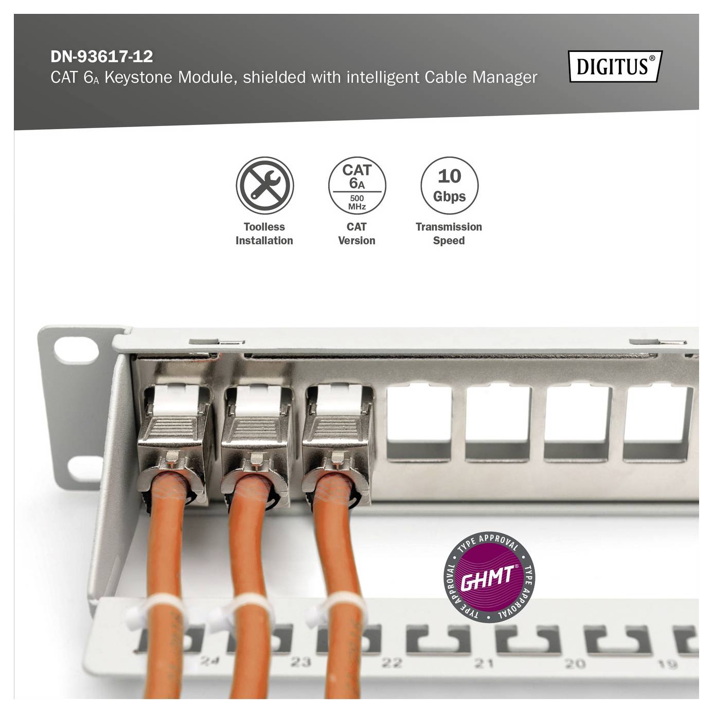 'DN-93617-12: CAT 6, Keystone-Modul mit intelligentem Kabelmanager, CAT 6A, 500 MHz, 10-Gbps-Übertragungsgeschwindigkeit, GHMT-verifiziert.' Das Bild zeigt ein abgeschirmtes Modul mit orangefarbenen Kabeln.