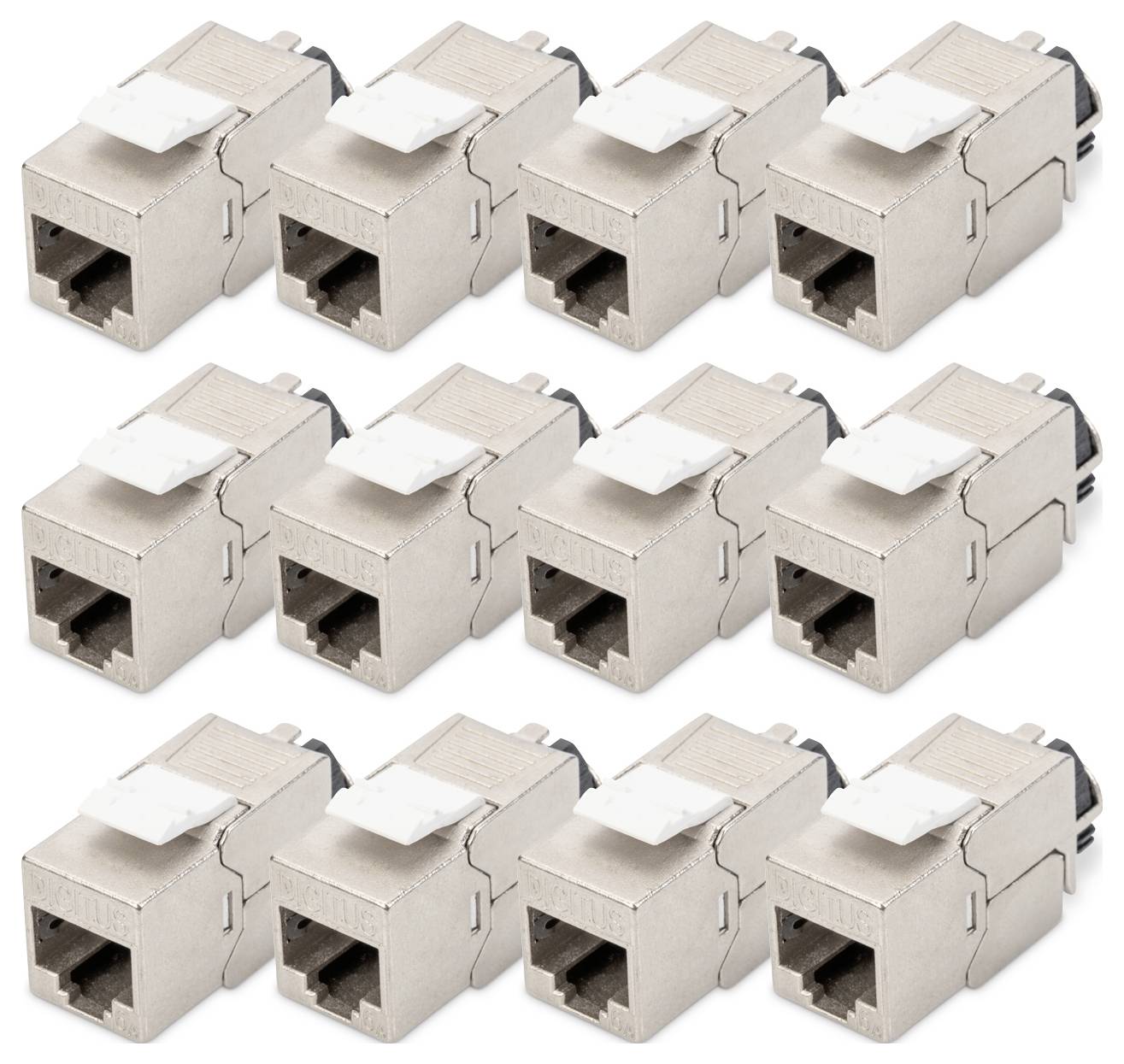 Ein Satz von zwölf silbernen RJ45-Steckern in Reihen angeordnet, verwendet für Ethernet-Verkabelung und Netzwerkverbindung, mit Kunststoffclips oben.