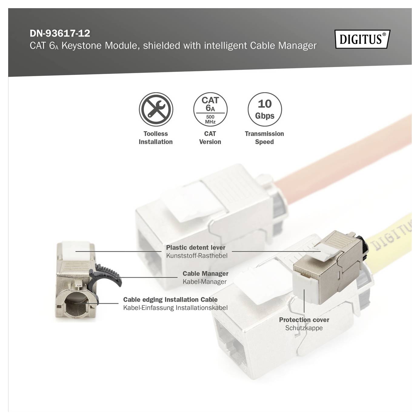 Bild des DIGITUS CAT 6A Keystone-Moduls mit Kabelmanager. Highlights sind 10-Gbps-Geschwindigkeit, werkzeuglose Installation und abgeschirmtes Design.