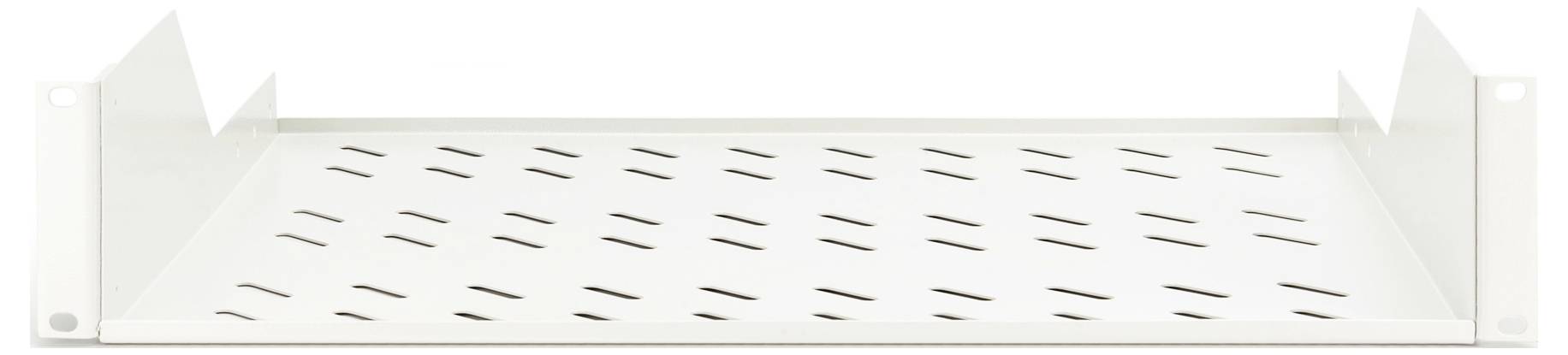 Ein weißes Metallregal mit belüfteten Schlitzen für die Luftzirkulation, das zur Montage auf einem Gestell oder Gehäuse konzipiert ist.