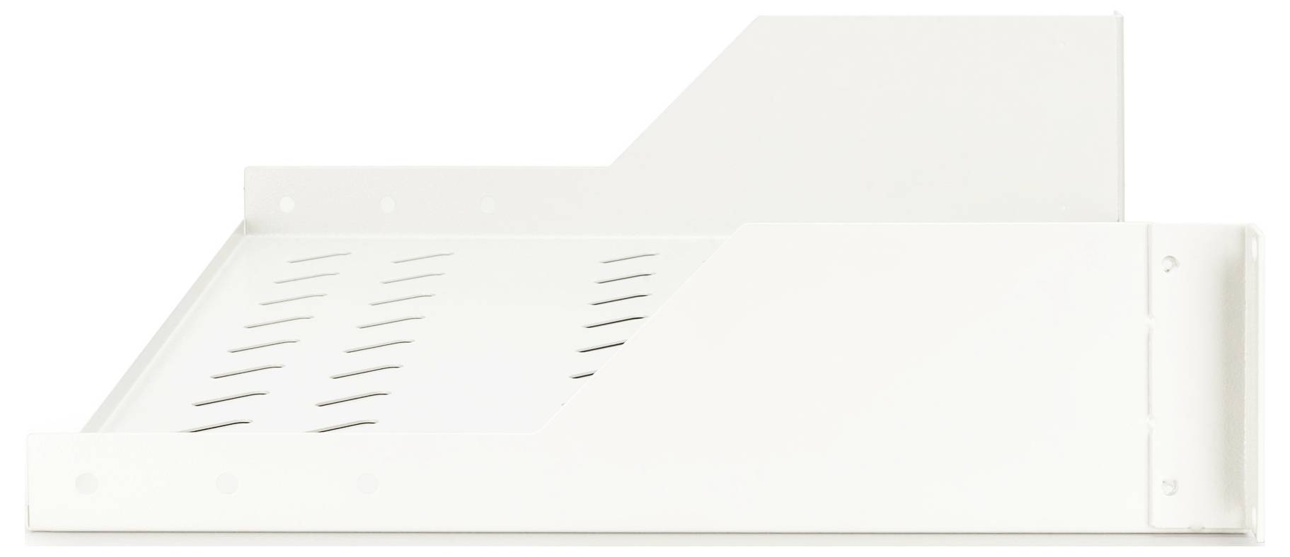 Tablett aus weißem Metall mit Schlitzdesign, von der Seite betrachtet.