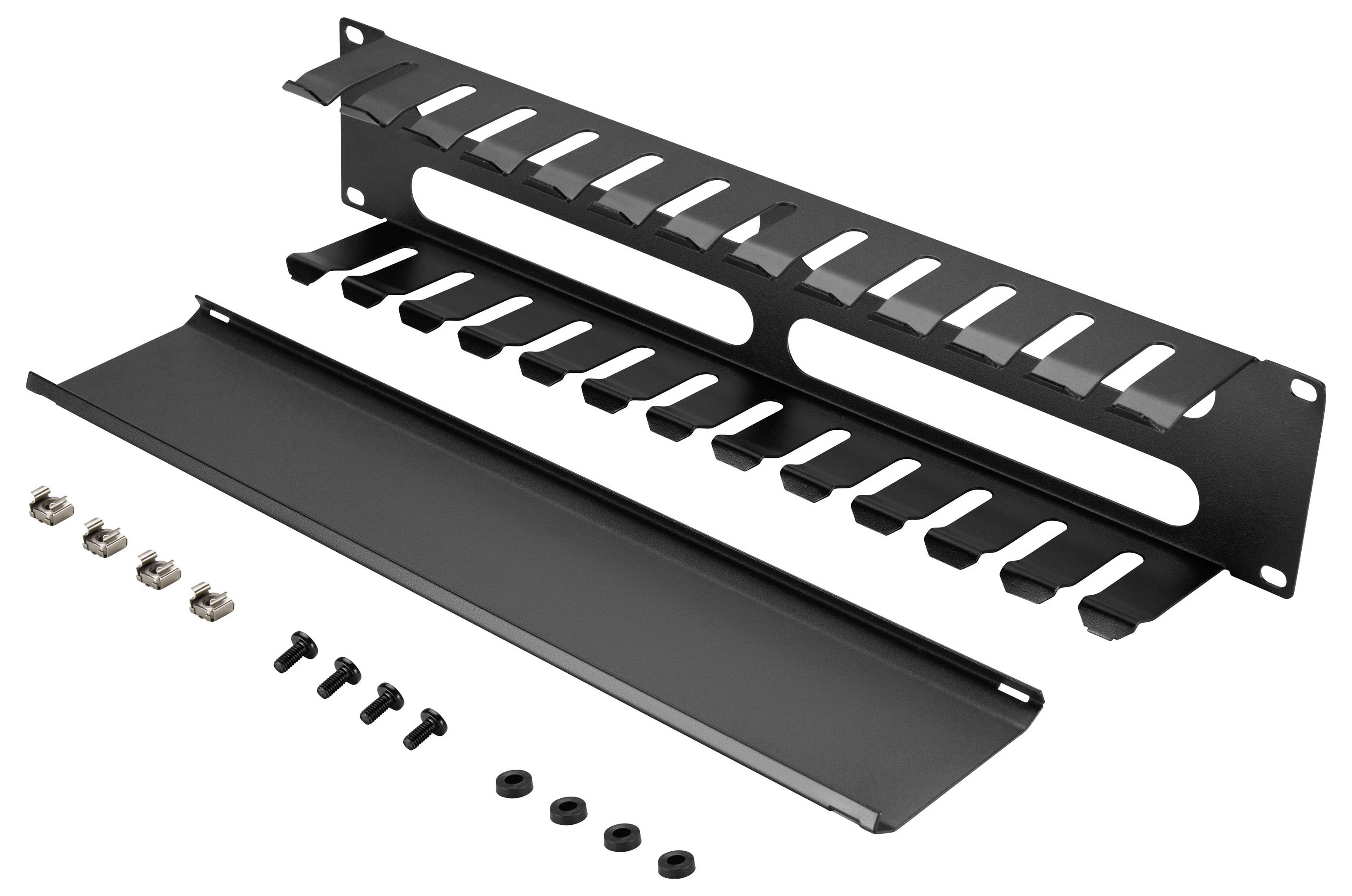 Explosionszeichnung eines schwarzen Rack-Kabelmanagement-Sets mit Schlitzmetallplatte, Scharnierdeckel und Befestigungsschrauben/Hardware.