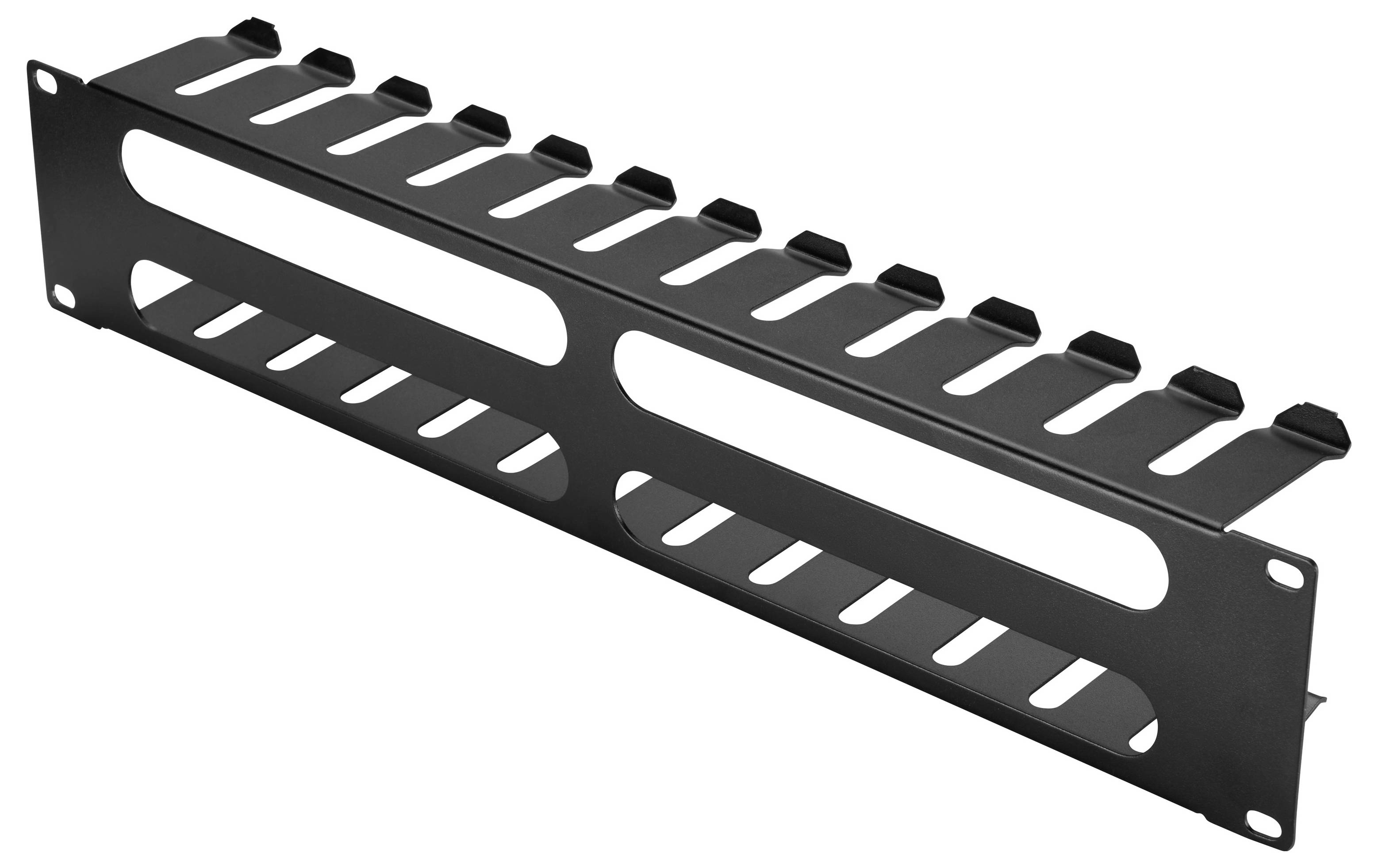 Schwarzes Metall 1U Rack-Kabelmanagement-Panel mit Schlitzöffnungen und Haken zur Organisierung von Server-Rack-Kabeln.
