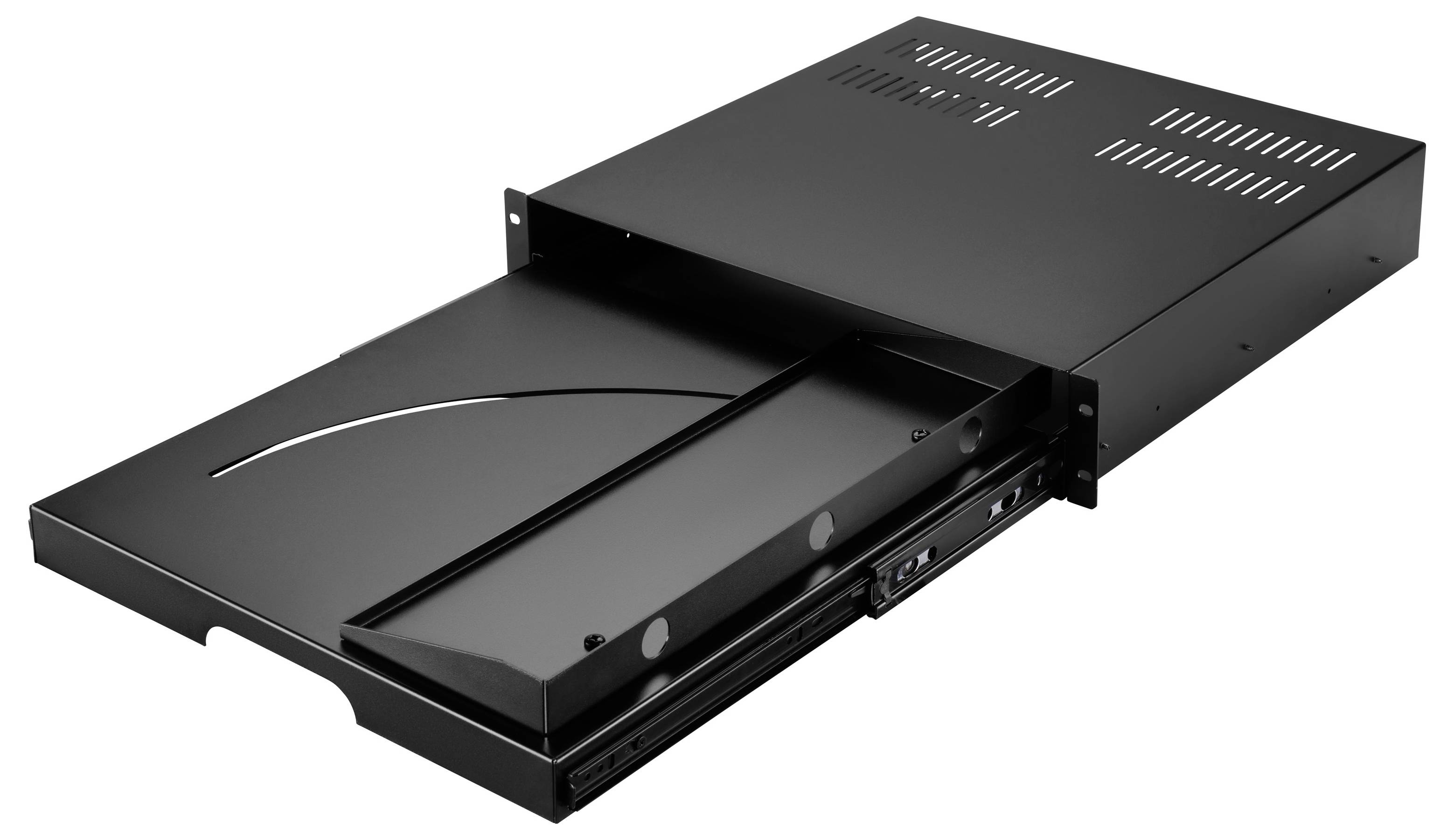 Schwarzes Metall-Rackschublade teilweise ausgezogen auf weißem Hintergrund.