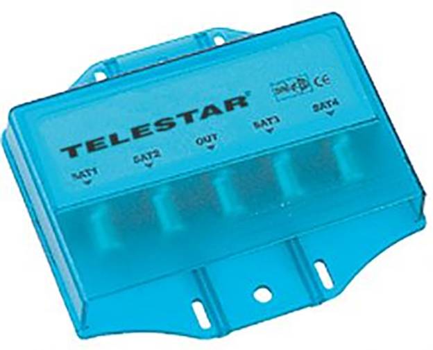 Ein blaues elektronisches Gerät mit der Bezeichnung 'Telestar', das Anschlüsse für SAT1, SAT2, SAT3, SAT4 und OUT aufweist, höchstwahrscheinlich eine Komponente zur Satellitensignalverteilung.