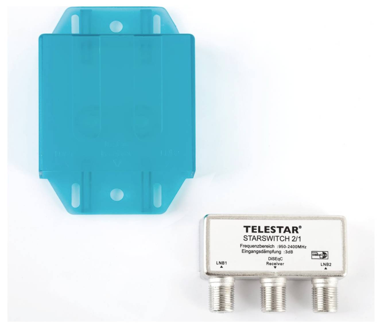 Eine blaue Kunststoffhalterung und ein Telestar Starswitch 2/1 mit drei Koaxialsteckern für LNB-Eingänge und -Ausgang.