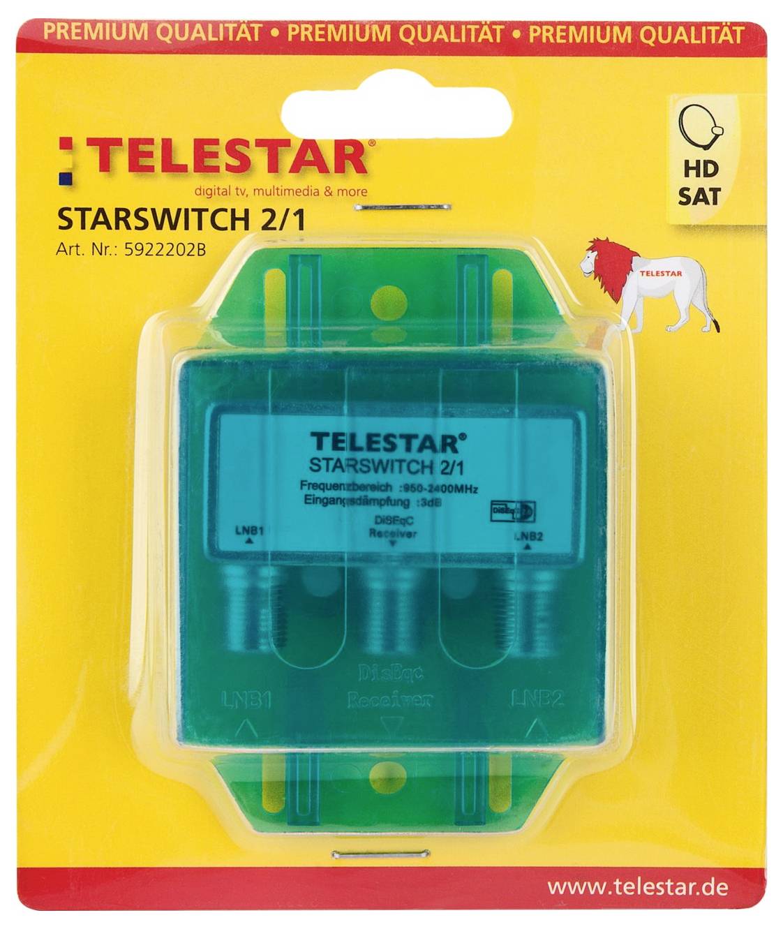 Verpackung für den 'TELESTAR STARSWITCH 2/1', einen Satellitensignal-Umschalter. Zeigt Markenname, Modell und Produktabbildung auf gelbem Hintergrund.