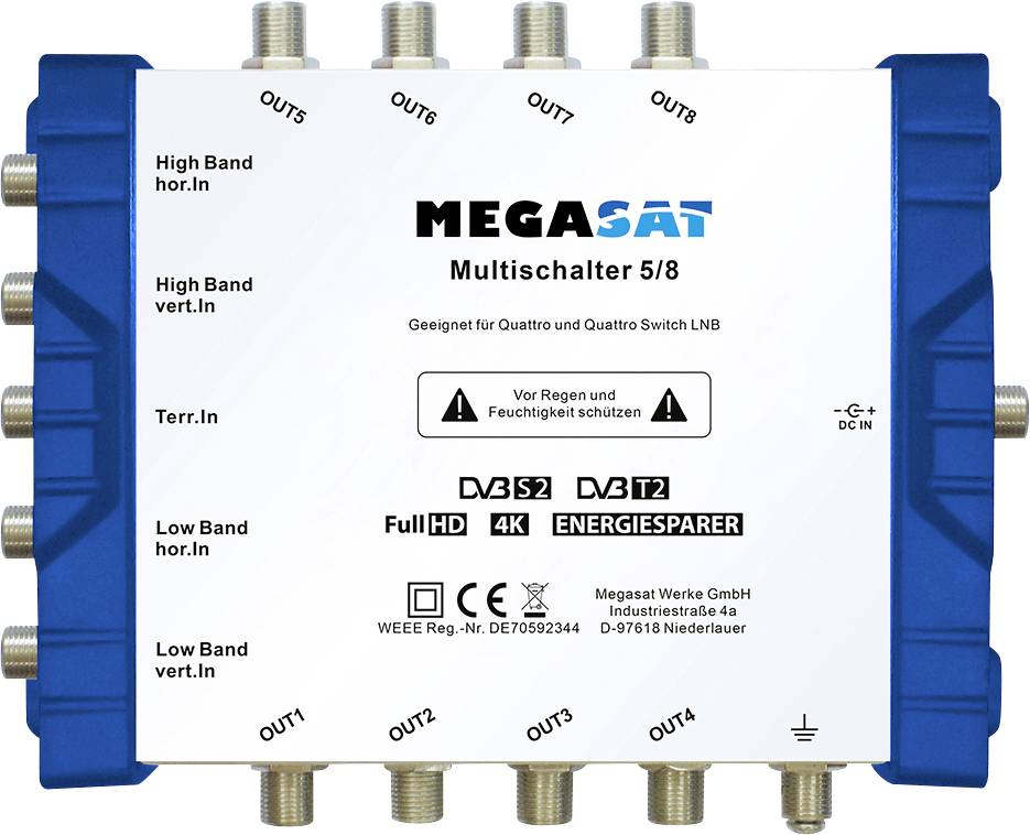 MegaSat 0600150 SAT Multischalter Eingänge (Multischalter): 5 (4 SAT/1 terrestrisch) Teilnehmer-Anzahl: 8