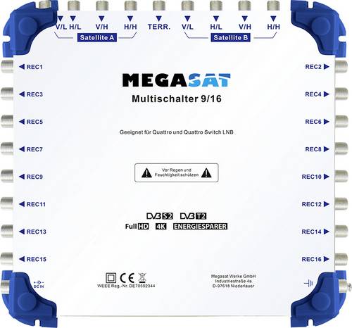 MegaSat 0600153 SAT Multischalter Eingänge (Multischalter): 9 (8 SAT/1 terrestrisch) Teilnehmer-Anzahl: 16