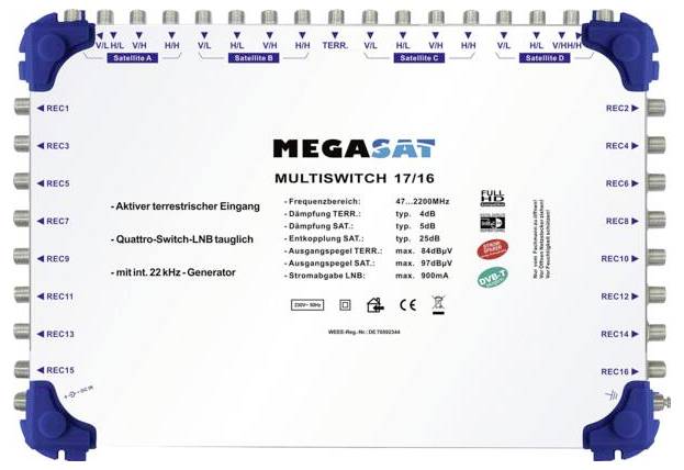 MegaSat 0600155 SAT Multischalter Eingänge (Multischalter): 17 (16 SAT/1 terrestrisch) Teilnehmer-A