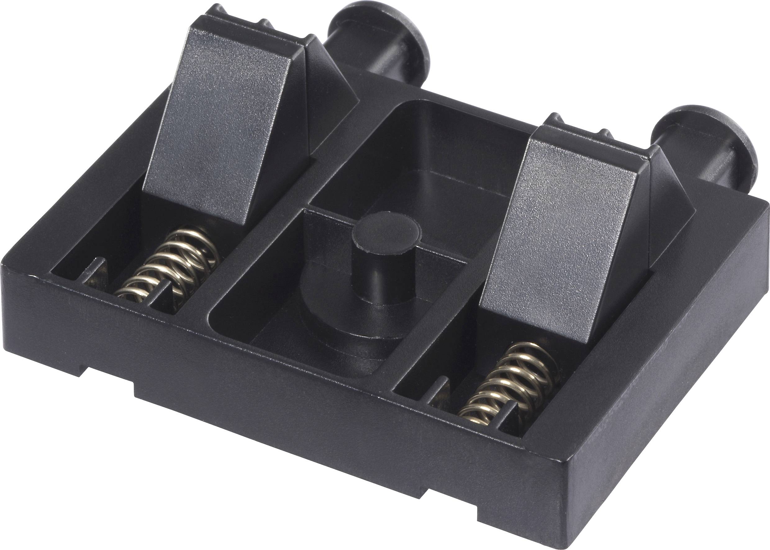 Schwarzer Kunststoffbatteriehalter mit zwei Federkontakten und zwei Schlitzen zur Befestigung von Batterien.