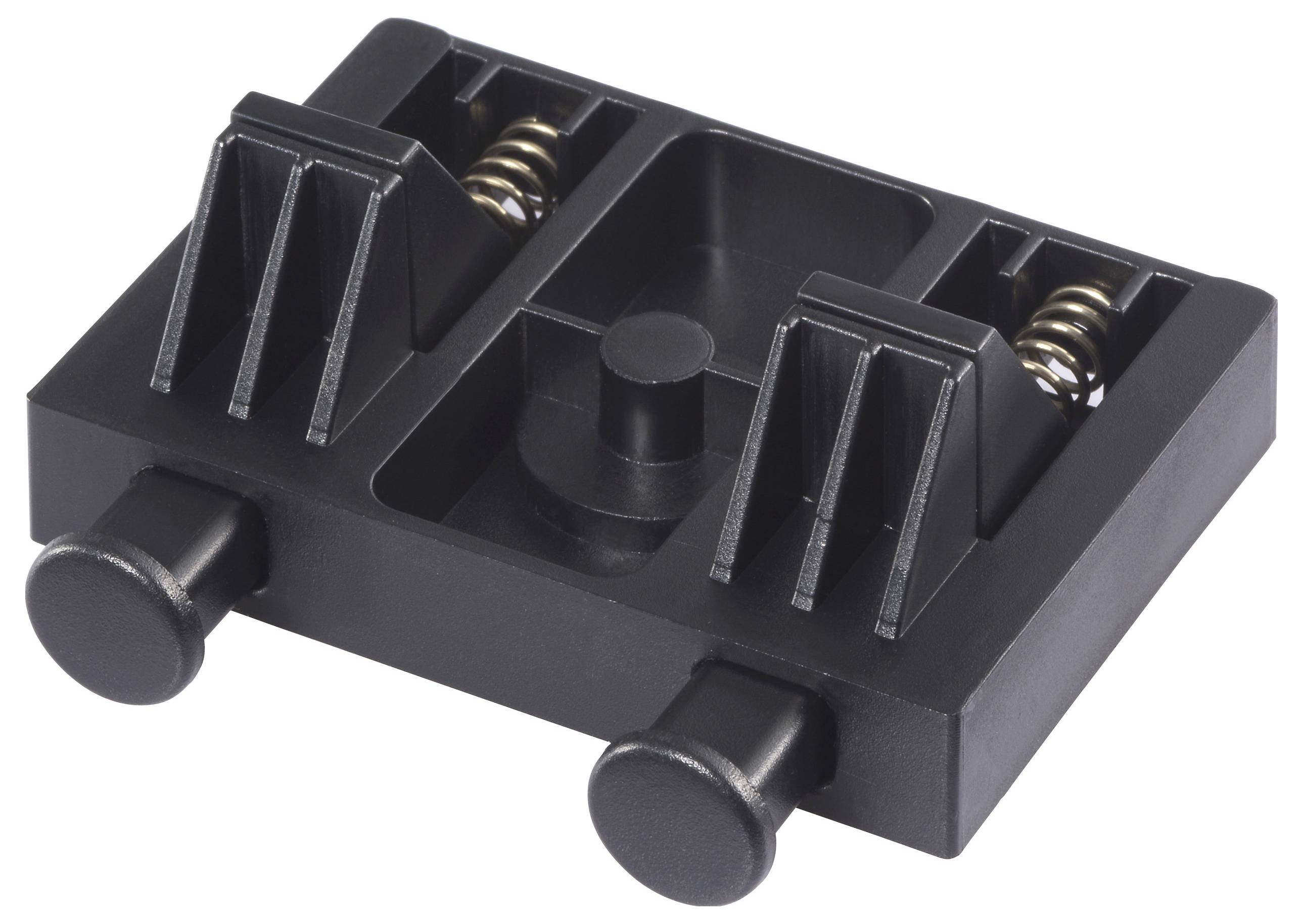 Ein schwarzer Kunststoff-Batterieholder mit zwei Fächern, gerippten Seitenwänden und Federkontakten zur Sicherung der Batterien, von oben betrachtet.