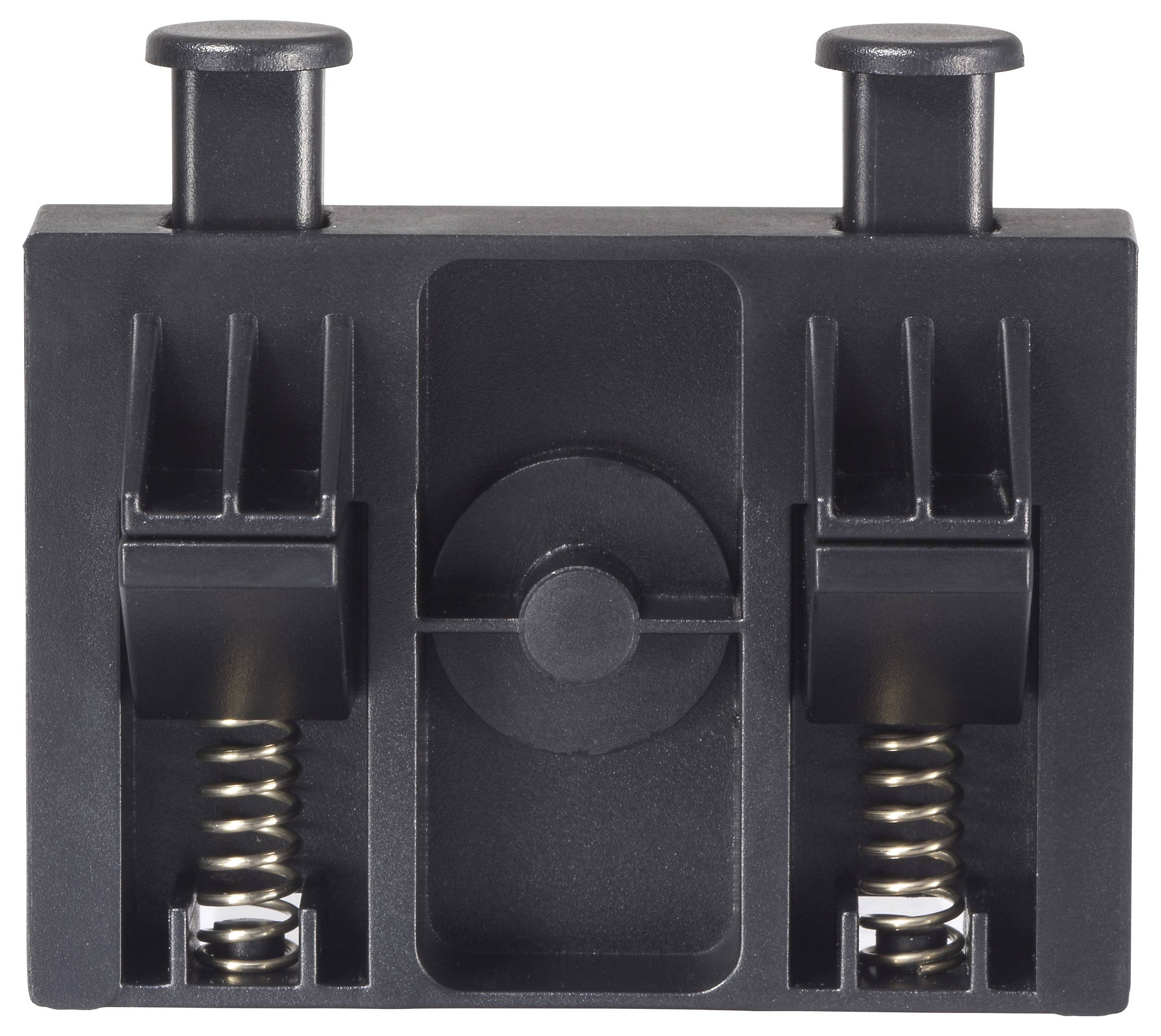 Eine schwarze Kunststoffkomponente mit zwei federbelasteten Tasten auf der Oberseite, die für mechanische oder elektrische Anwendungen verwendet wird.