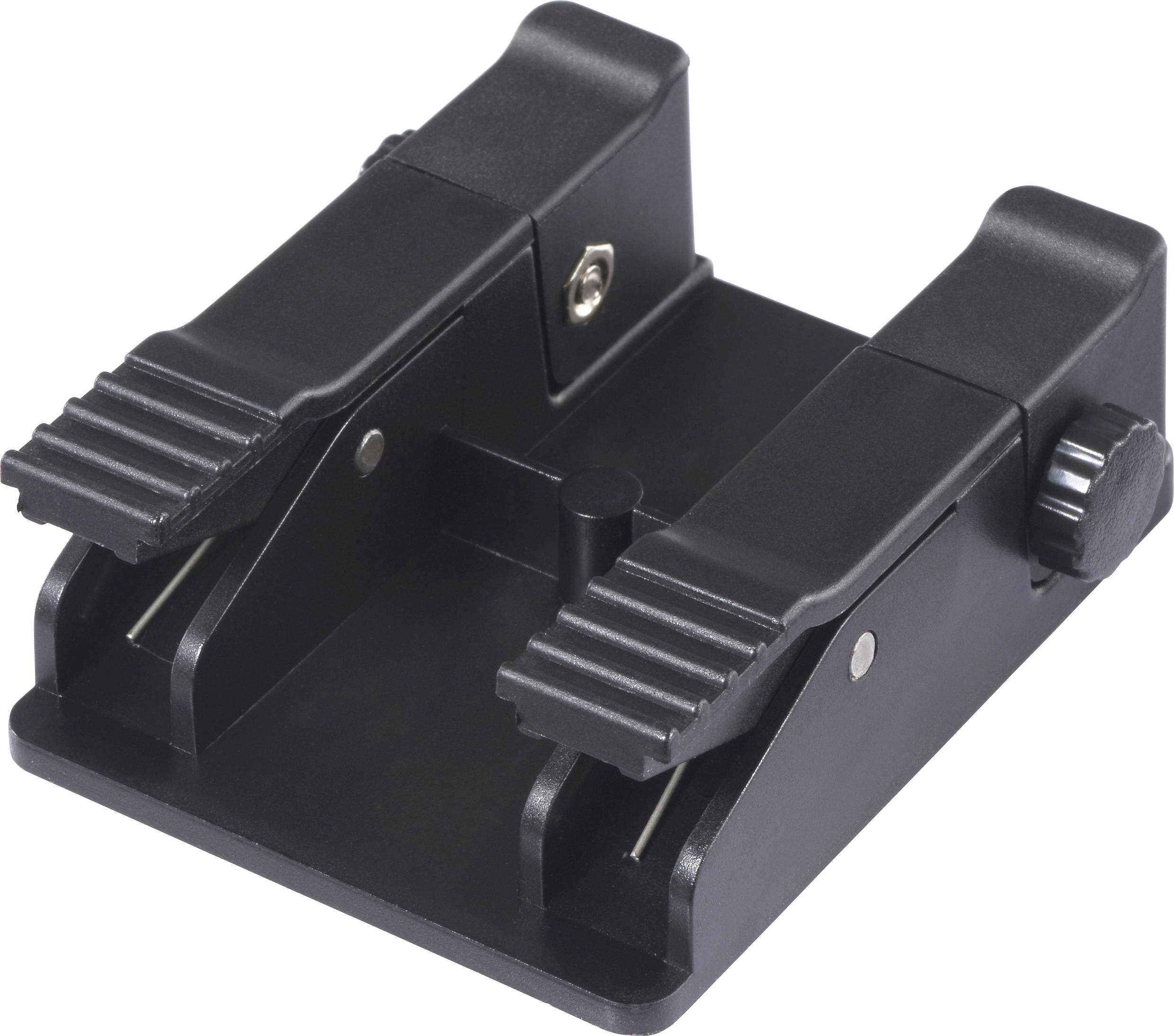 Ein schwarzes Kunststoffgerät mit zwei Klemmzangen zum Fixieren von Objekten, das gezahnte Griffe und verstellbare Knöpfe zum Sichern verschiedener Gegenstände aufweist.