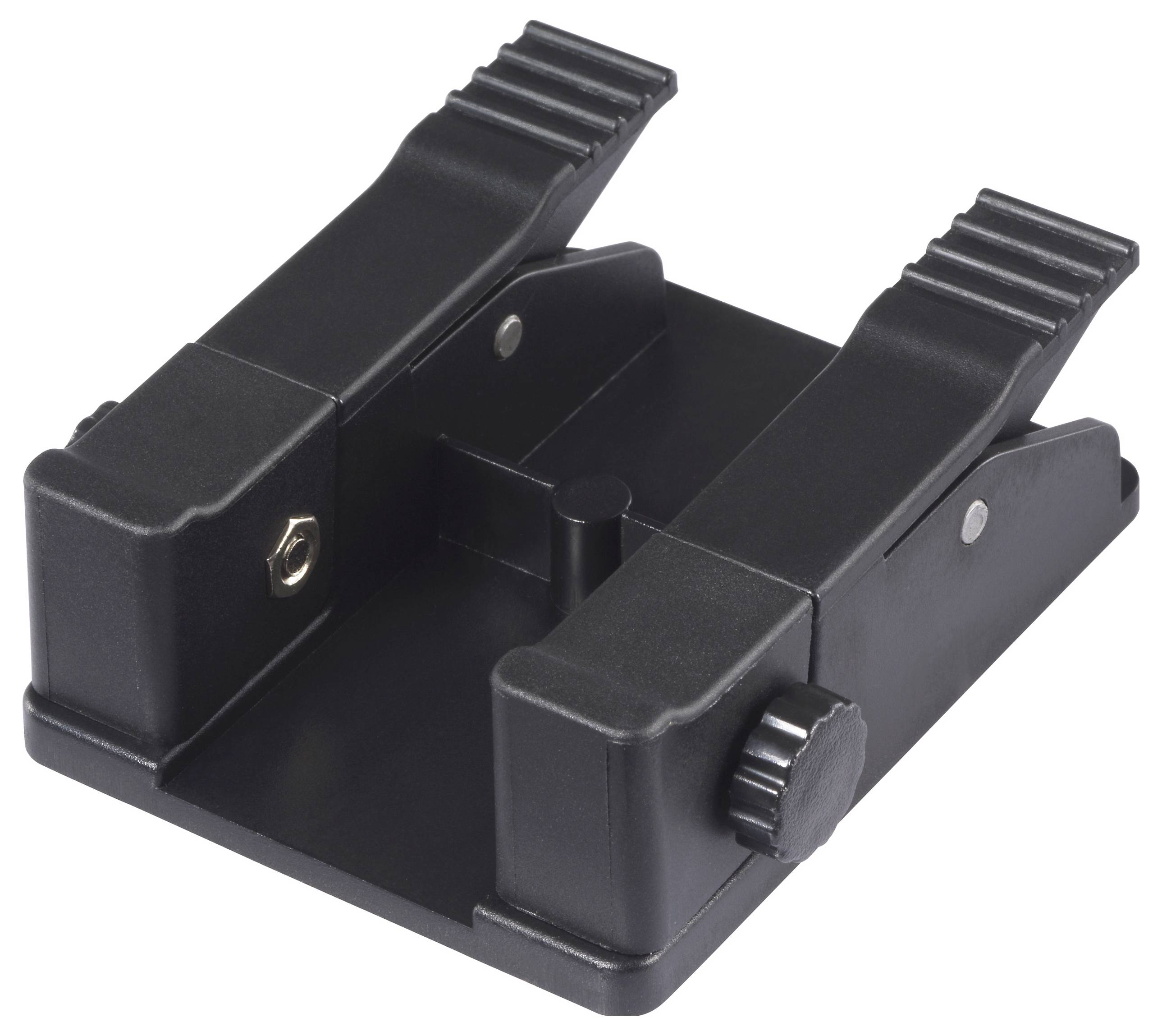 Eine schwarze verstellbare Montageklammer mit zwei Gleitklemmern und Spannknöpfen, entwickelt zum sicheren Halten und Befestigen von Geräten oder Komponenten.