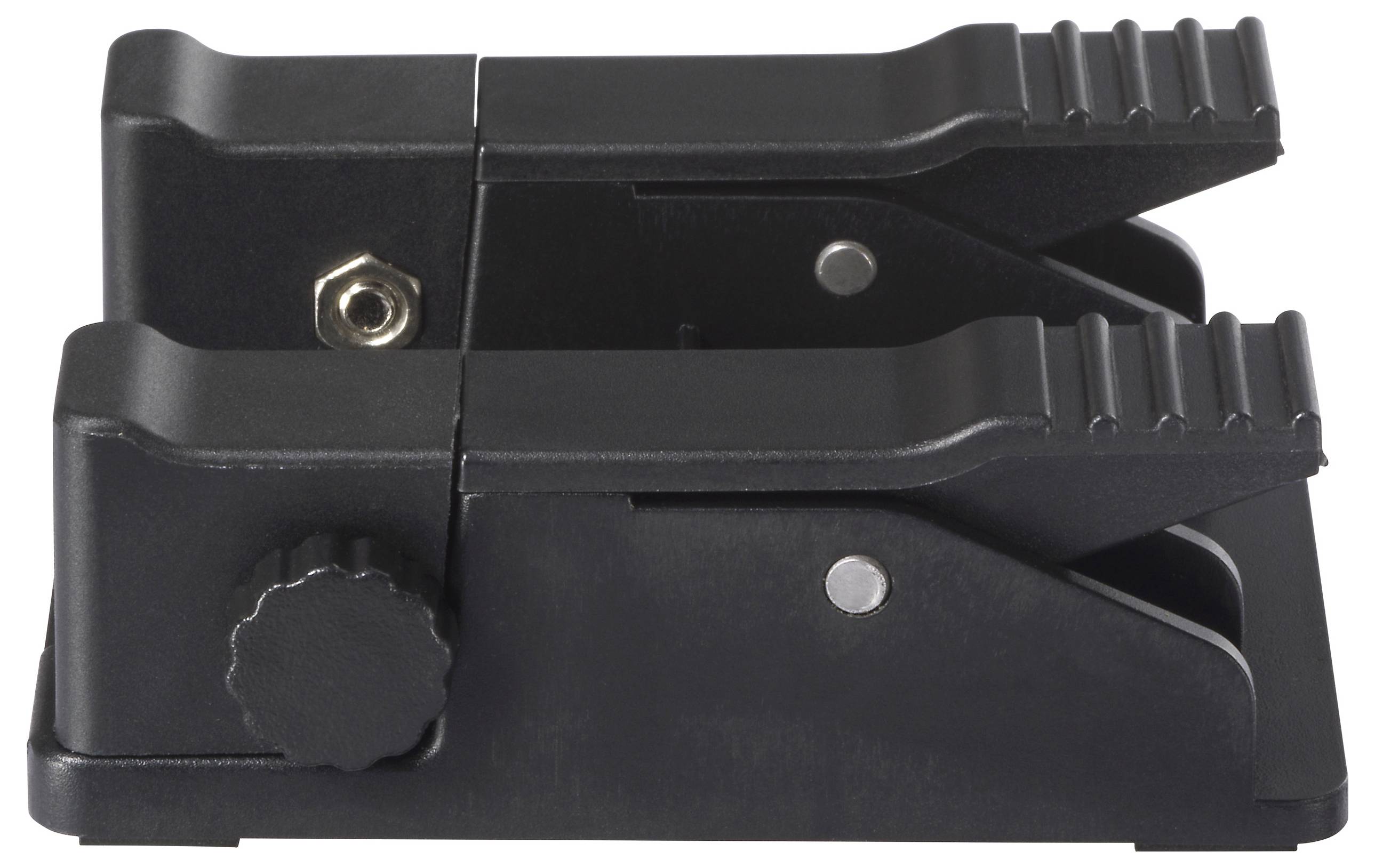 Ein schwarzer Metall-Schraubstock mit strukturiertem Griff und Verstellknopf, entworfen zum Fixieren von Objekten.