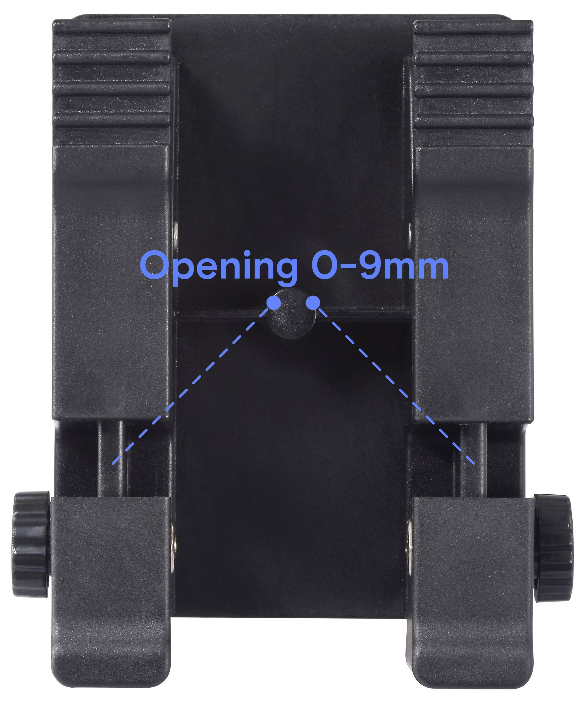 Eine schwarze verstellbare Klemme mit einem gekennzeichneten Öffnungsbereich von 0-9mm wird gezeigt. Die Klemme verfügt über Knöpfe zum Festziehen.