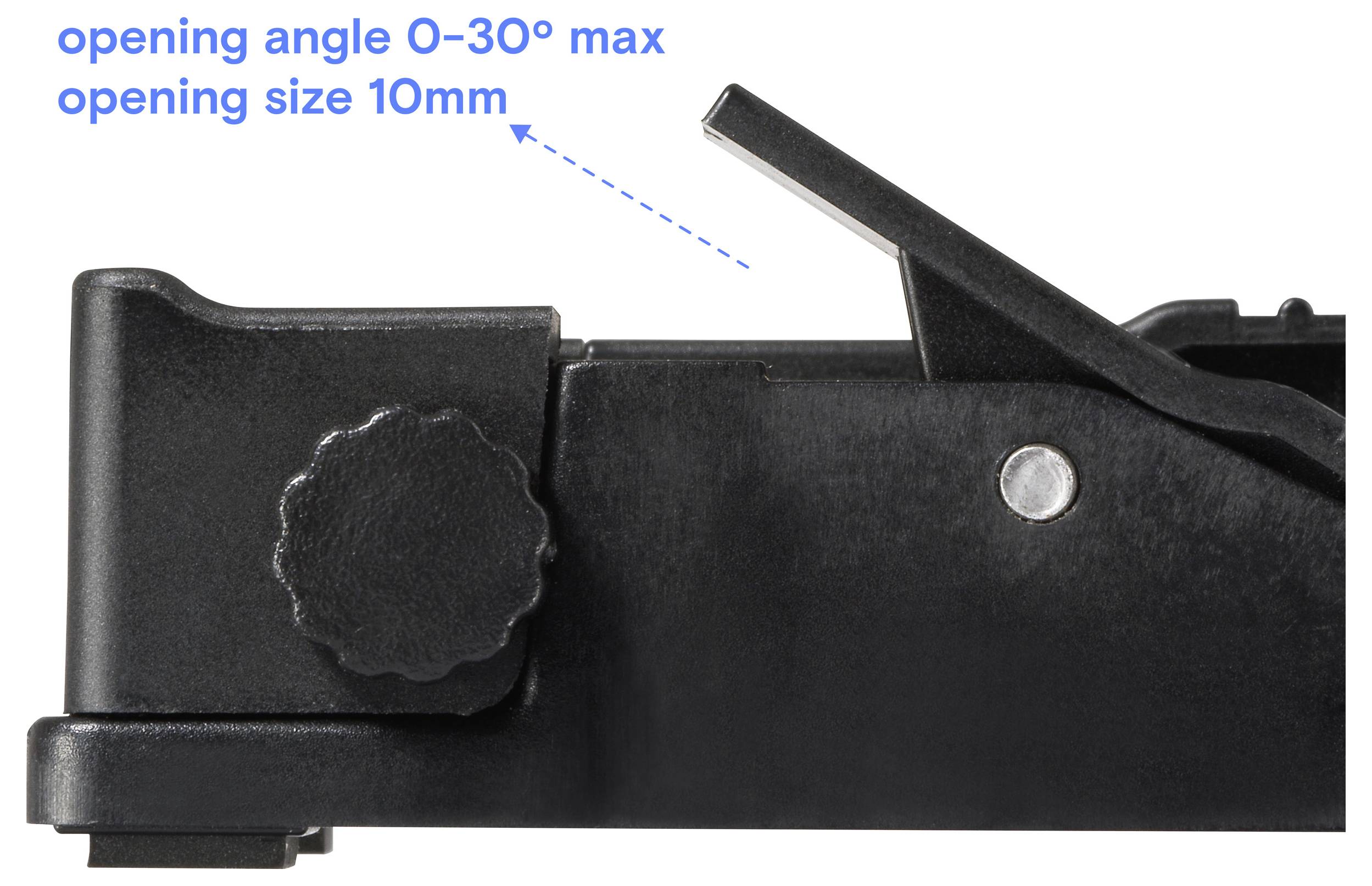 Komponente mit verstellbarem Drehknopf, zeigt einen Öffnungswinkel von 0-30 Grad und eine maximale Größe von 10mm.
