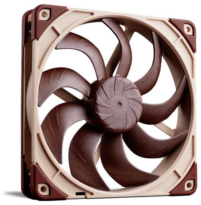 Brauner und beiger Computerlüfter mit neun Rotorblättern, geeignet für PC-Gehäuse oder CPU-Kühlkörper.