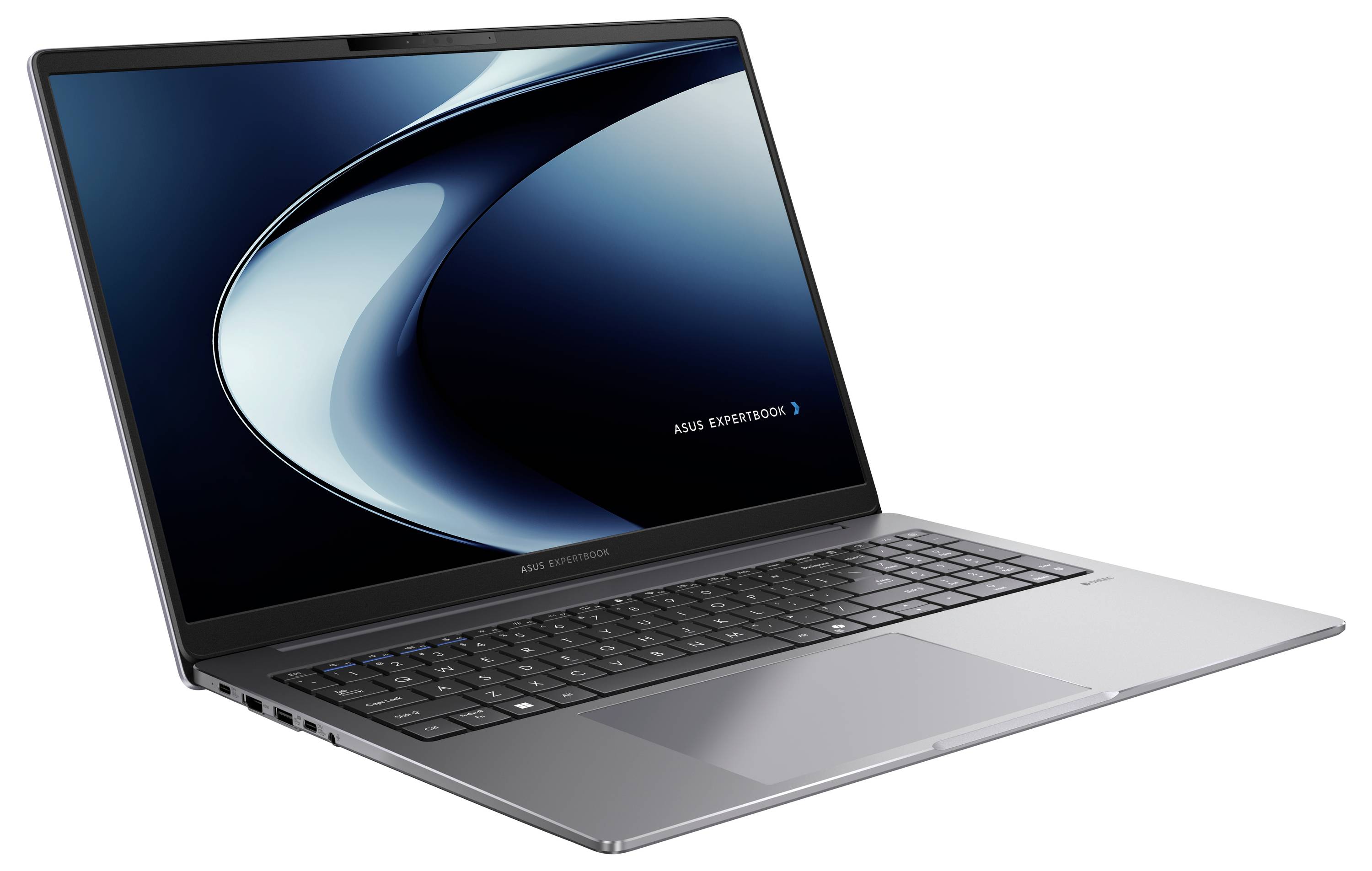 Ein schlankes, modernes Laptop, das unter einem Winkel positioniert ist und einen großen Bildschirm mit einem abstrakten Blau- und Schwarzdesign zeigt. Die Tastatur hat ein kompaktes, minimalistisches Layout.