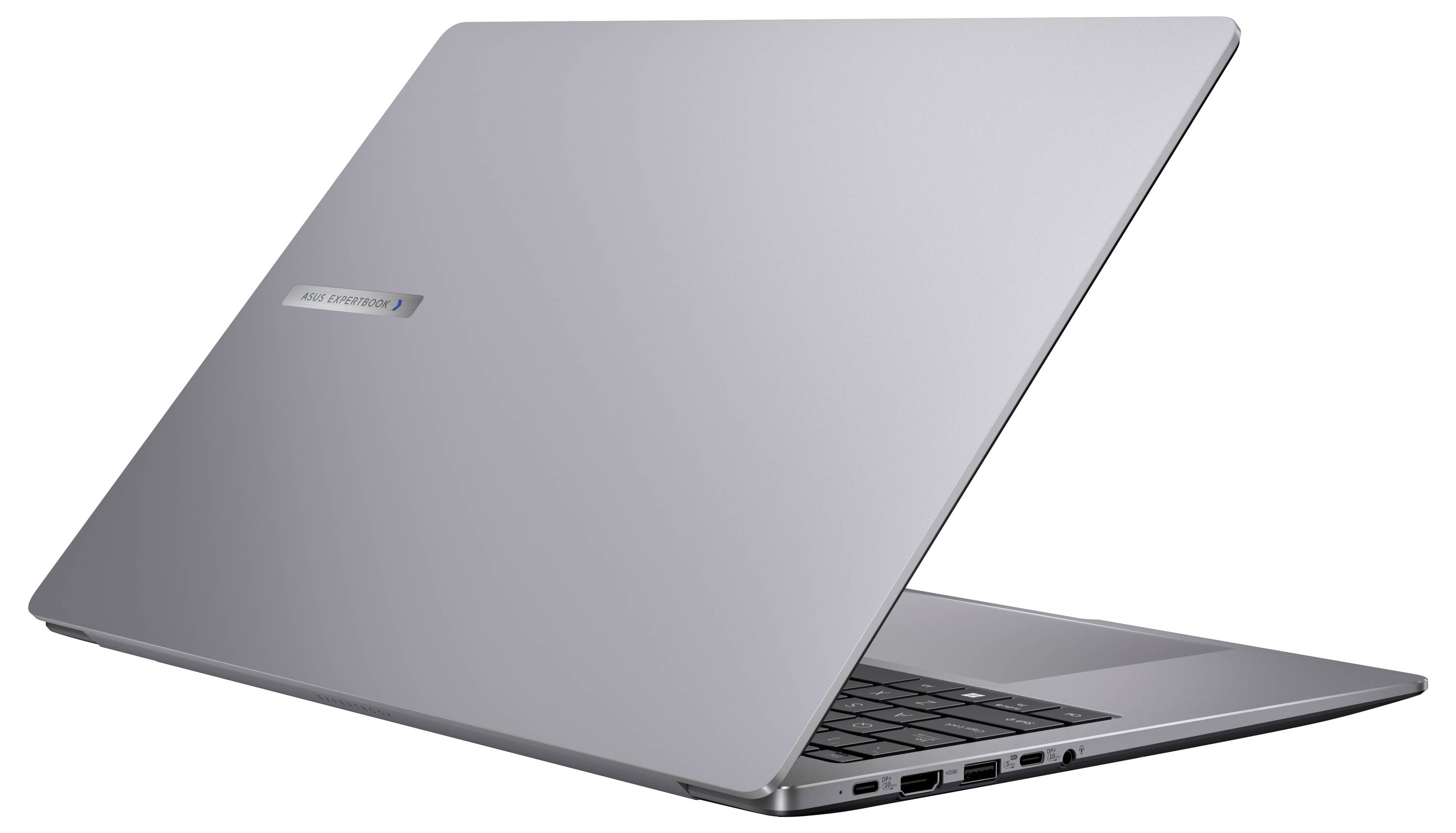 Ein schlanker silberner Laptop, halb geöffnet, mit einer Seitenansicht, die eine sichtbare Tastatur und Anschlüsse zeigt und ein modernes und portables Design andeutet.