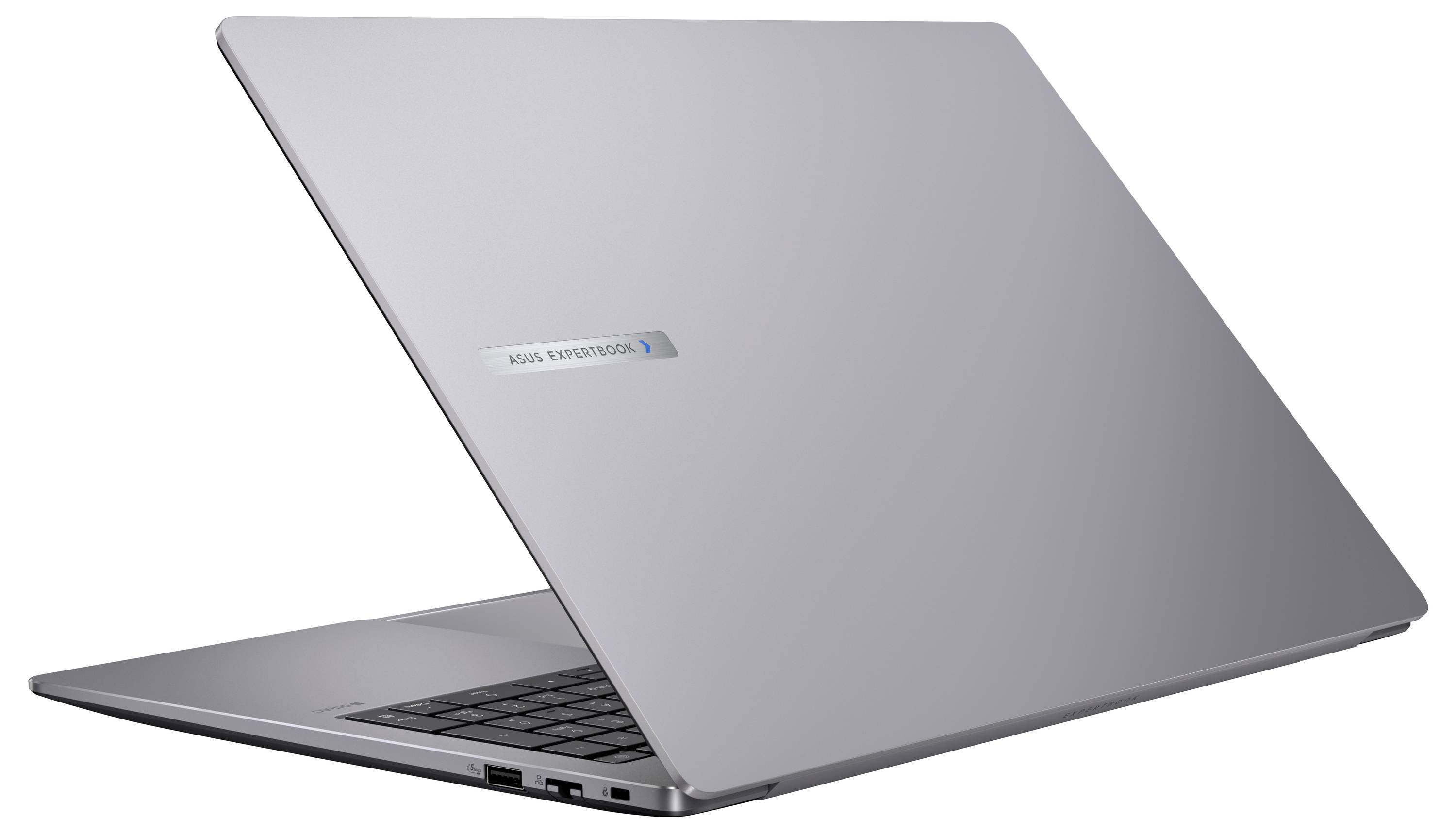 Ein schlankes, silbernes Laptop, halb geöffnet, von hinten betrachtet. Das Logo auf dem Deckel liest sich als 'ASUS EXPERTBOOK'. Der Laptop steht vor einem weißen Hintergrund.