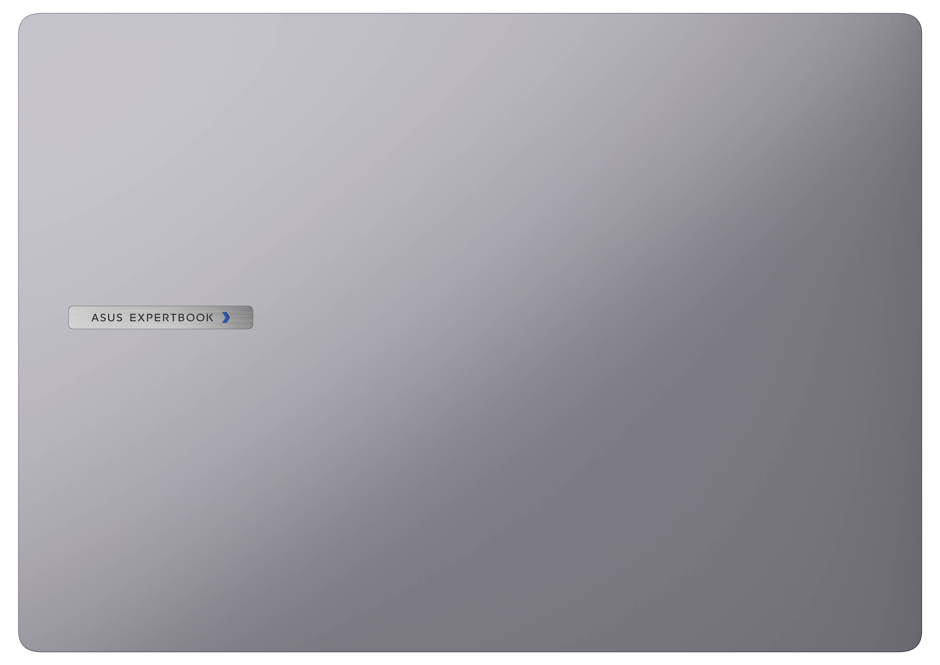 Silberner Laptop-Deckel mit dem 'ASUS ExpertBook' Logo auf der linken Seite.