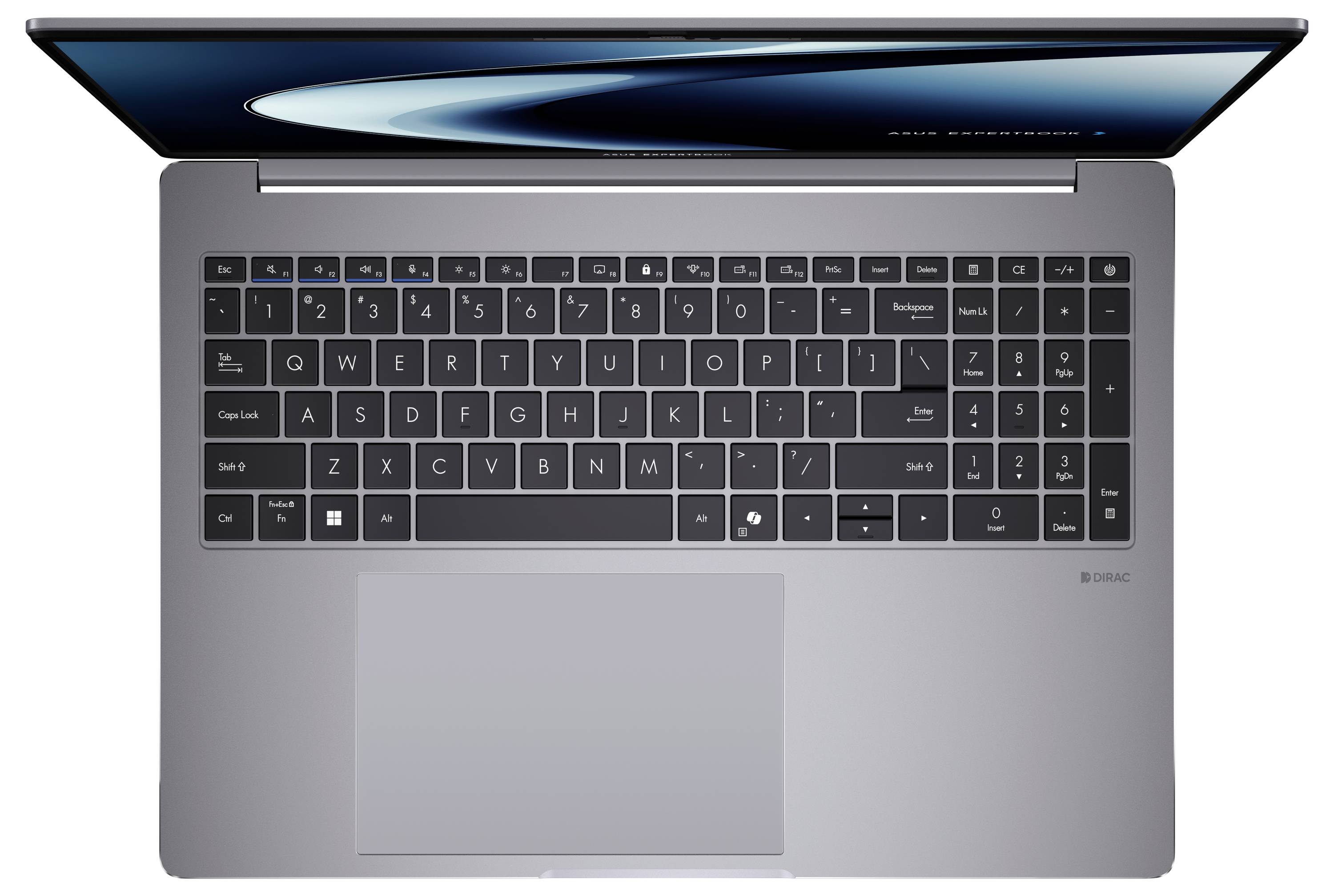 Eine Draufsicht eines geöffneten Laptops, der eine Tastatur mit einem großen Touchpad und einen Bildschirm mit dünnem Rahmen zeigt, auf dem ein subtiles abstraktes Design zu sehen ist.