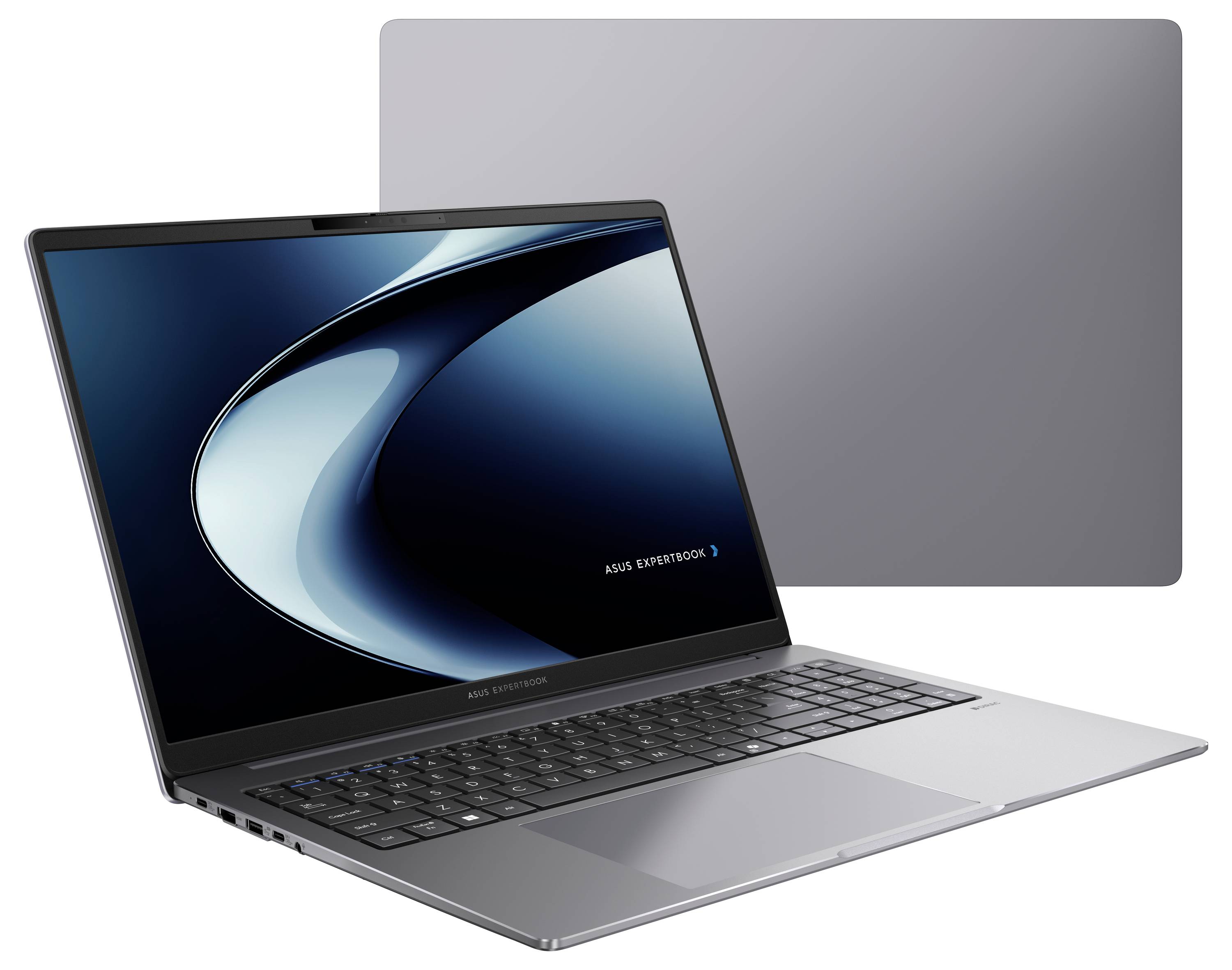 Geöffneter Laptop mit elegantem, modernem Design auf einer hellen Oberfläche, auf dessen Bildschirm ein abstraktes Wellendesign zu sehen ist. Der Hintergrund beinhaltet Spiegelungen.