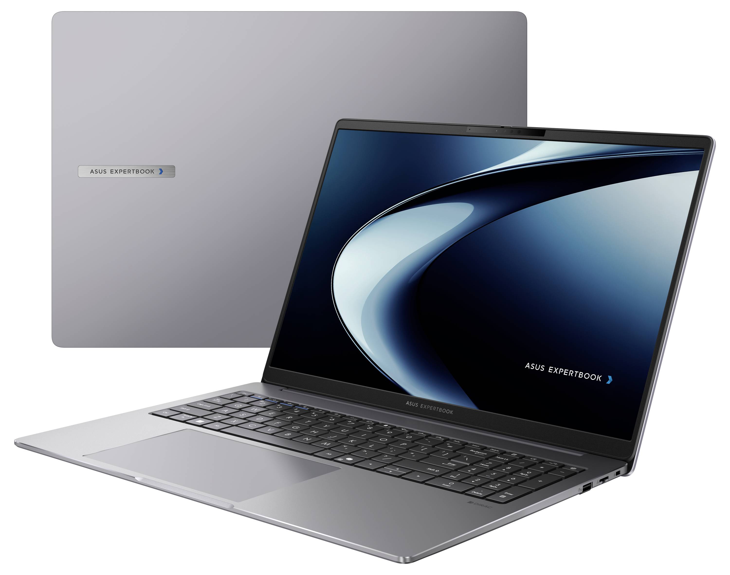 Ein schlankes, offenes Laptop mit modernem Design, das einen großen Bildschirm mit abstrakten blauen und weißen Grafiken zeigt. Das Gerät ist grau.
