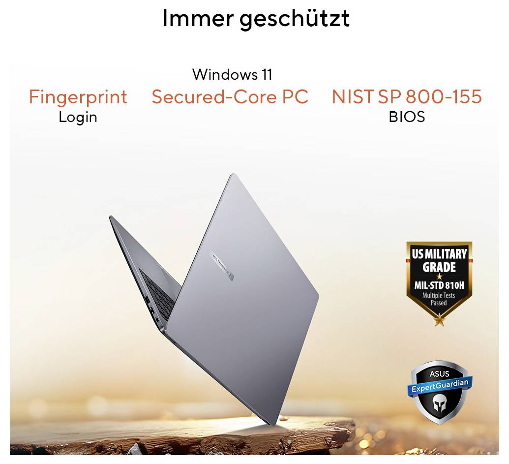 Ein silberner Laptop mit einem Bildschirm, der Sicherheitsfunktionen anzeigt: 'Fingerabdruck-Anmeldung', 'Windows 11 Secured-Core PC', 'NIST SP 800-155 BIOS'.
