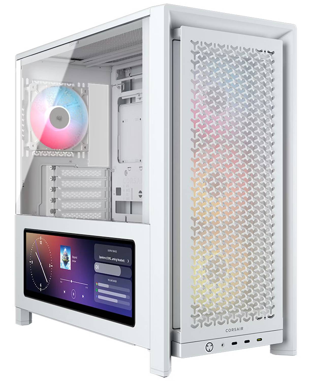 Ein weißes Computergehäuse mit RGB-Beleuchtung und einem vorderen Lüfter. Das Seitenpanel ist transparent und zeigt interne Komponenten einschließlich eines Displays.